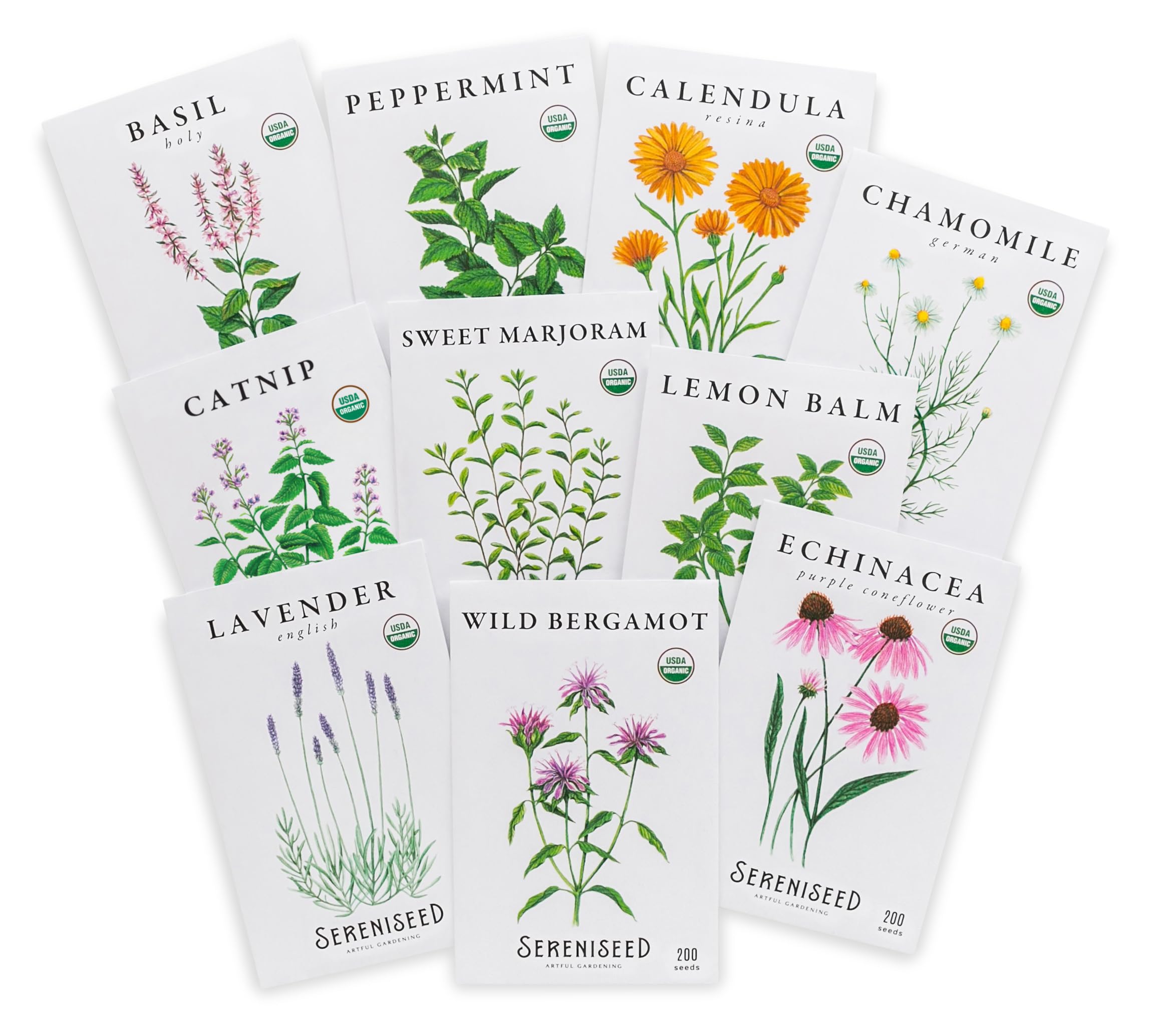 Colección de semillas de té de hierbas orgánicas certificadas (paquete de 10) - 100% sin OMG, polinizado abierto - Guía de cultivo
