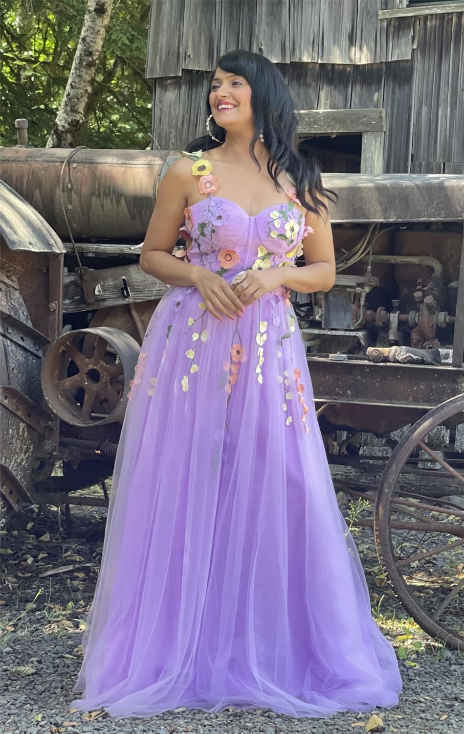 Fivsole 3D Floral Applique Prom Dresses Flower Tulle Long Wedding Formal Evening Gown