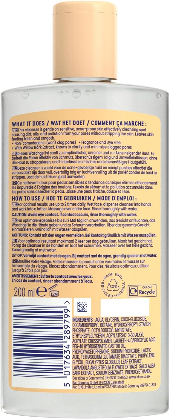 Biore Purify and Prevent Gentle Wash Gel 200 ml Suitable for Sensitive Acne Prone Skin Dermatologically Tested
