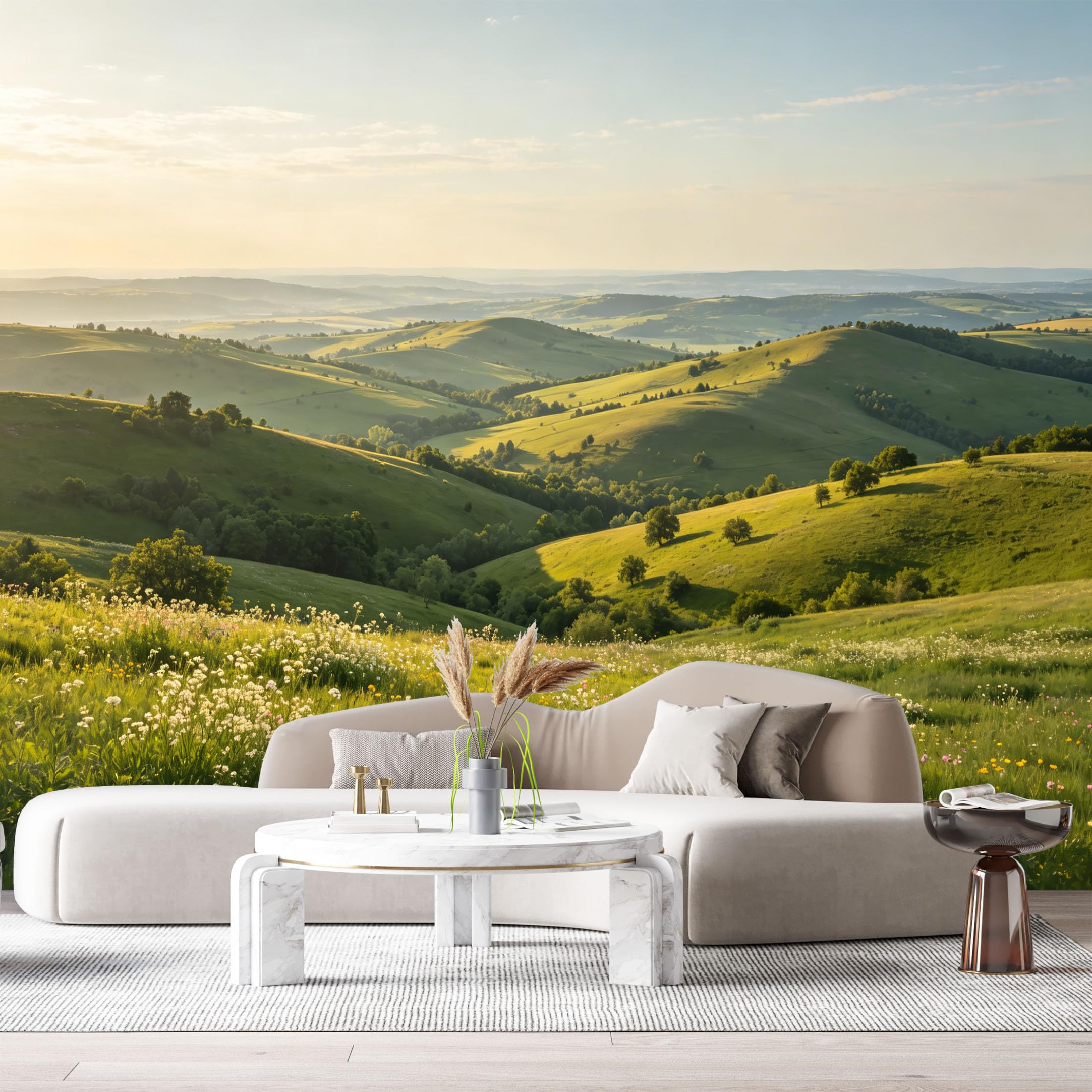 Custom Size Wall Murals Sunny Hills Landscape Wildflower Meadow Green Valley SelfAdhesive Wall Fabric Removable Large Wallpaper for Photo Living Room