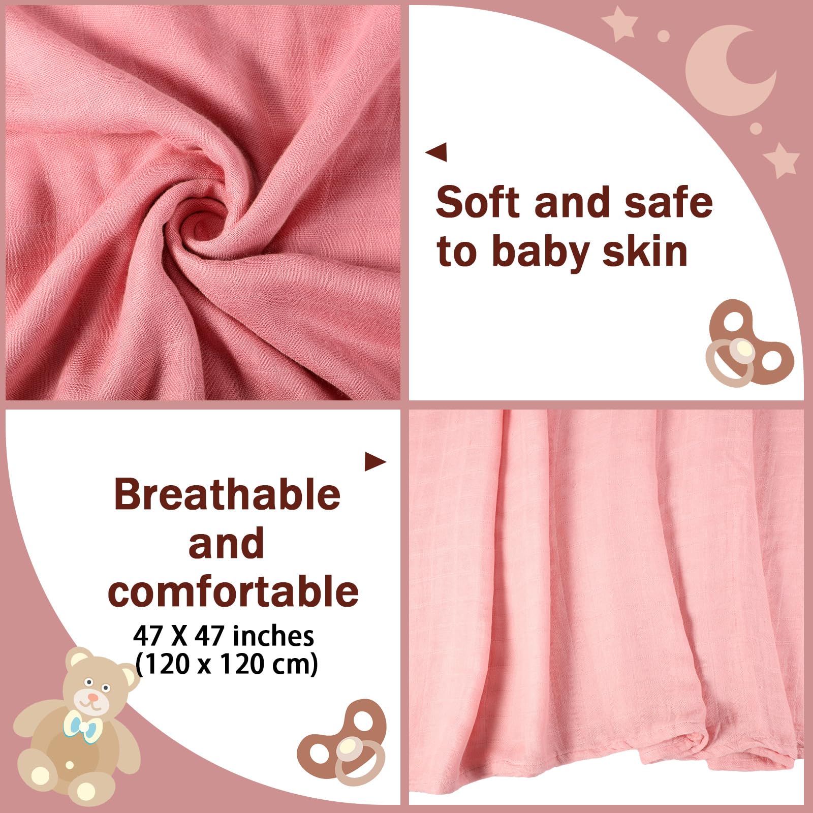 Preboun 6 Pcs Muslin Swaddle Blankets - 47x47 Inch, Soft Cotton, For Newborn Boys & Girls (Pink Series) - View #3