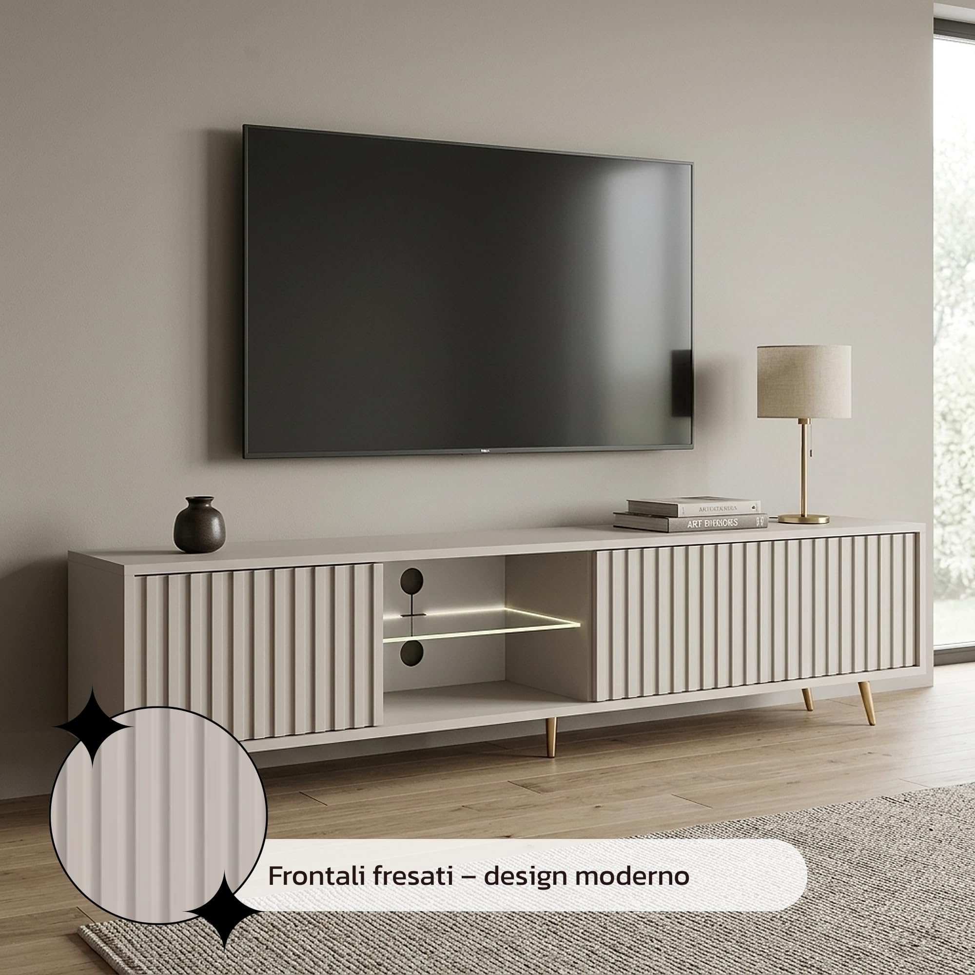 Selsey Mobile TV Mobile Porta TV Con Piedini Dorati 175 cm A Doghe Beige Grigio Bello