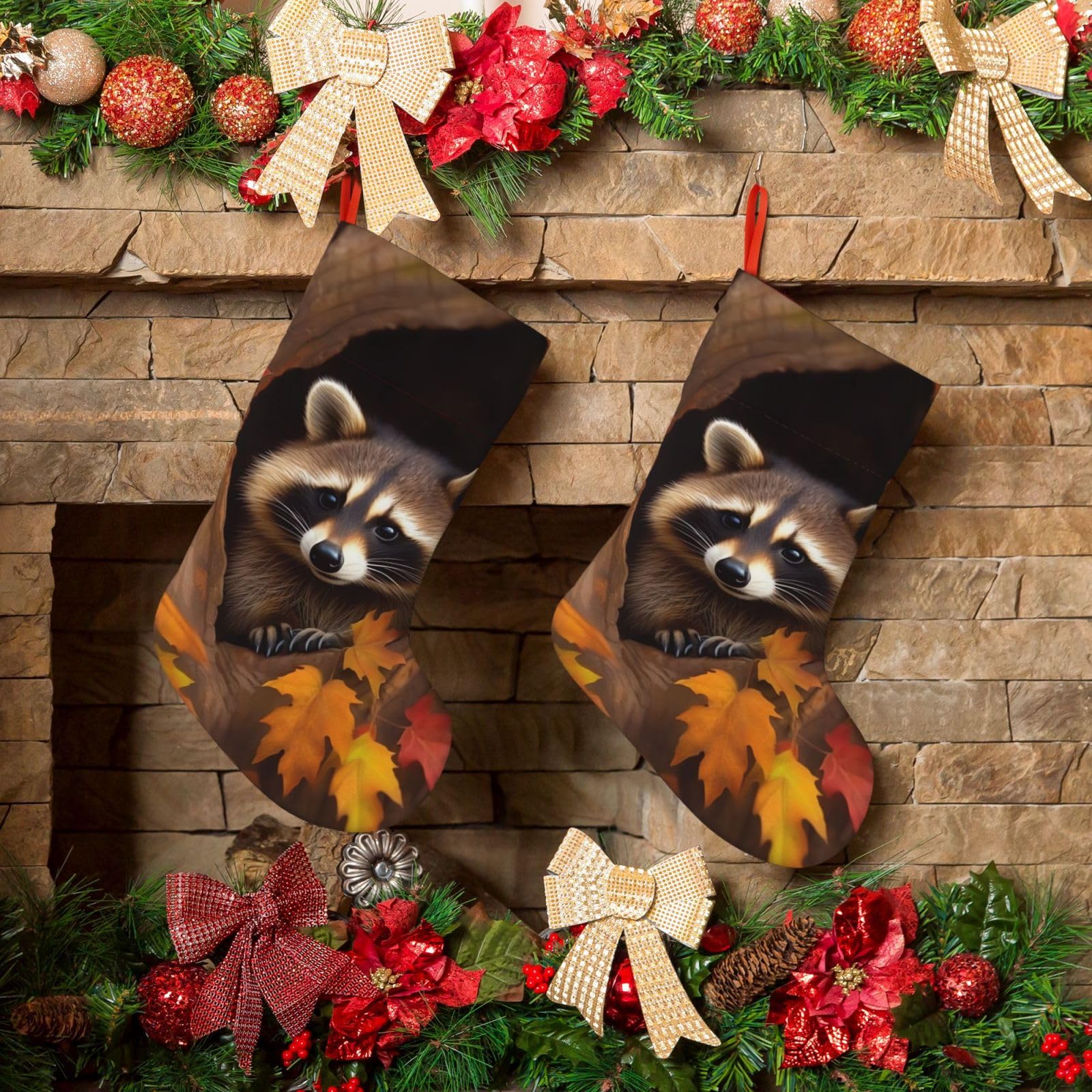 KLOPH Christmas Stockings 18" Personalized Xmas Stocking Raccoon in The Fall Tree Hole Decoration Stocking Hanging Fireplace Stocking for Holiday Xmas Tree Christmas Fireplace Decor