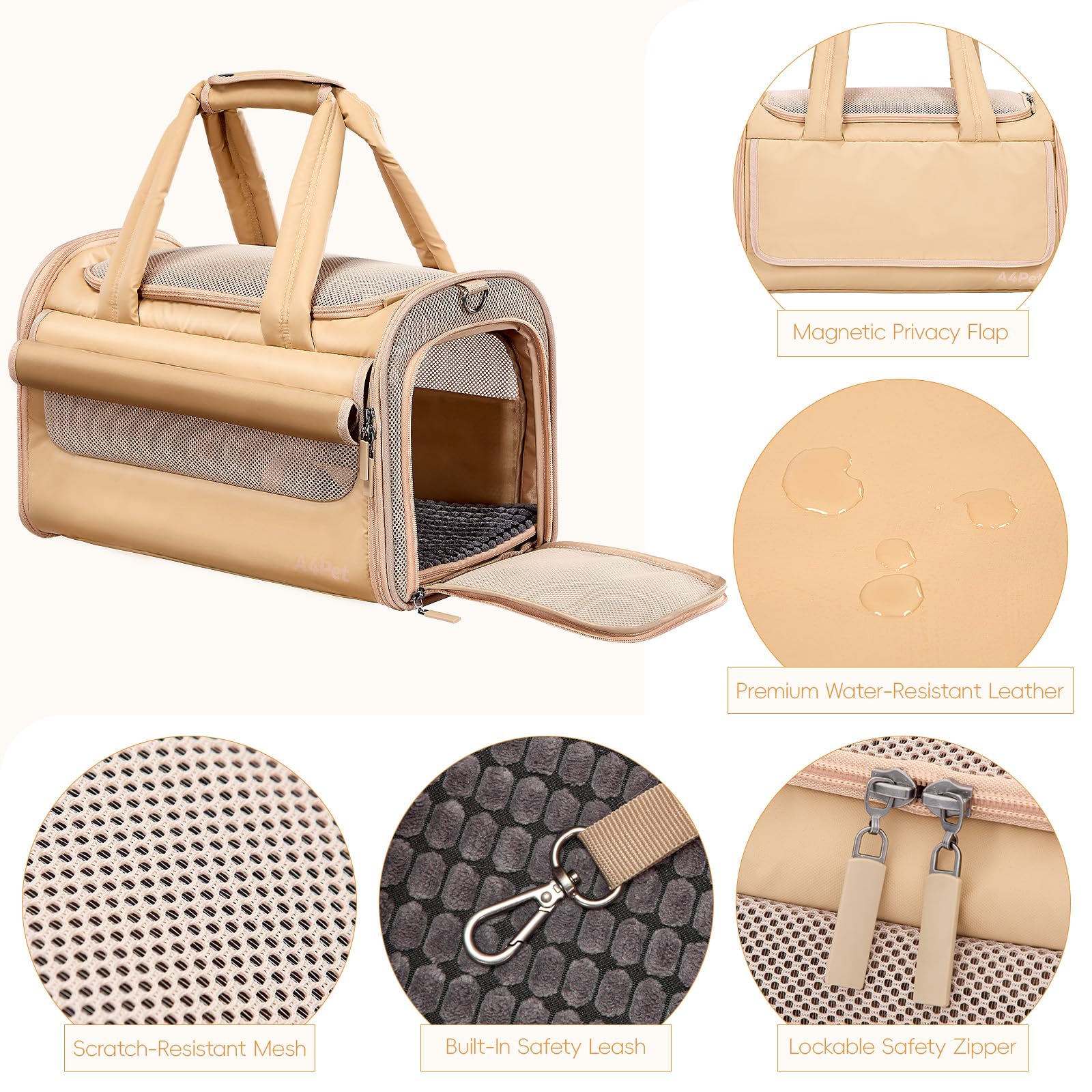 A 4 Pet Transportín para gatos aprobado por aerolíneas, plegable, de cuero impermeable | Hebillas de coche patentadas, almohadilla antiadherente lavable, malla antiarañazos, 3 bolsillos