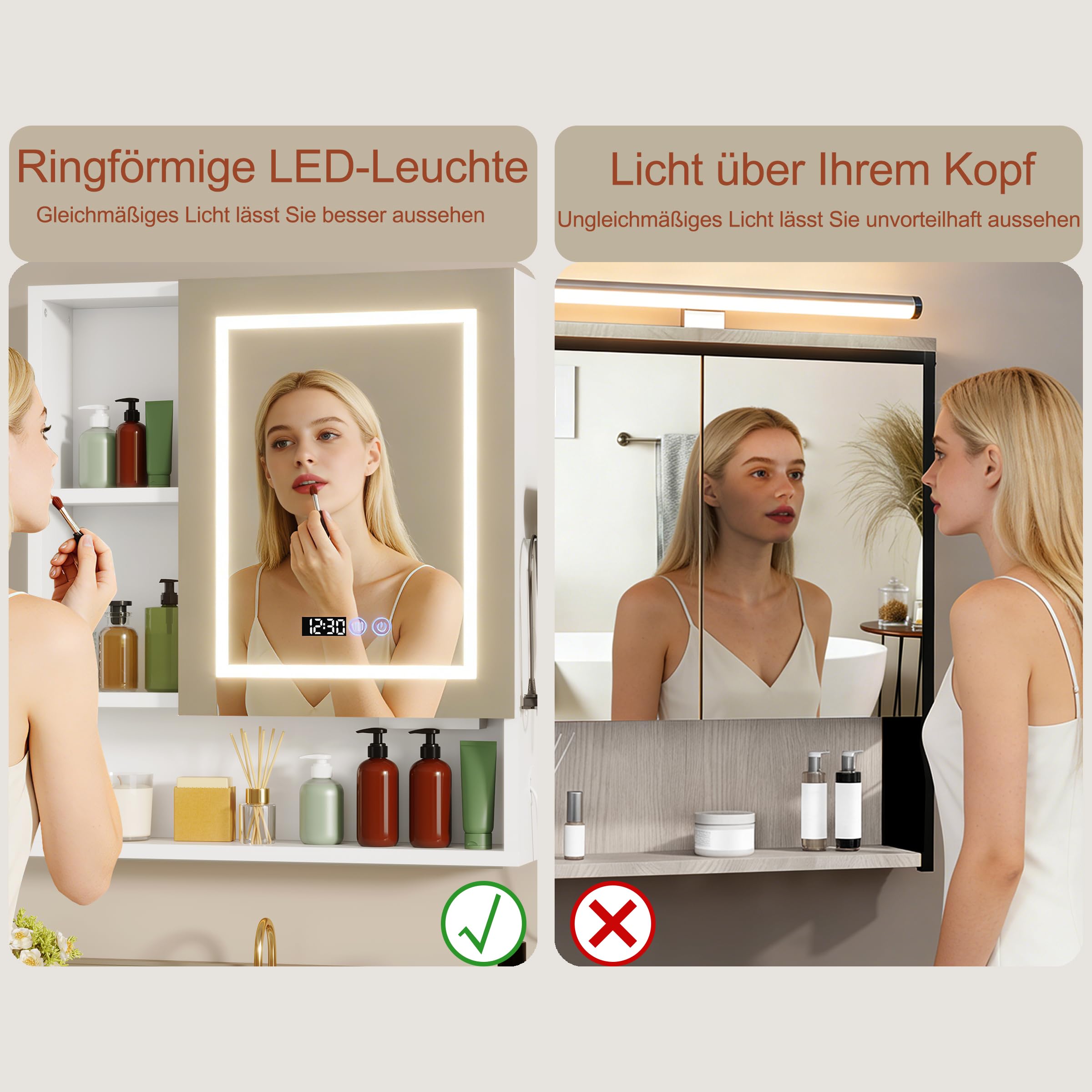 Spiegelschrank Bad mit Beleuchtung und Antibeschlag Funktion Hängender Badezimmer Spiegelschrank mit Zeit- und Temperaturanzeige,Steckdose,Haartrocknerständer und 6 Staufächer,70x80x16 cm