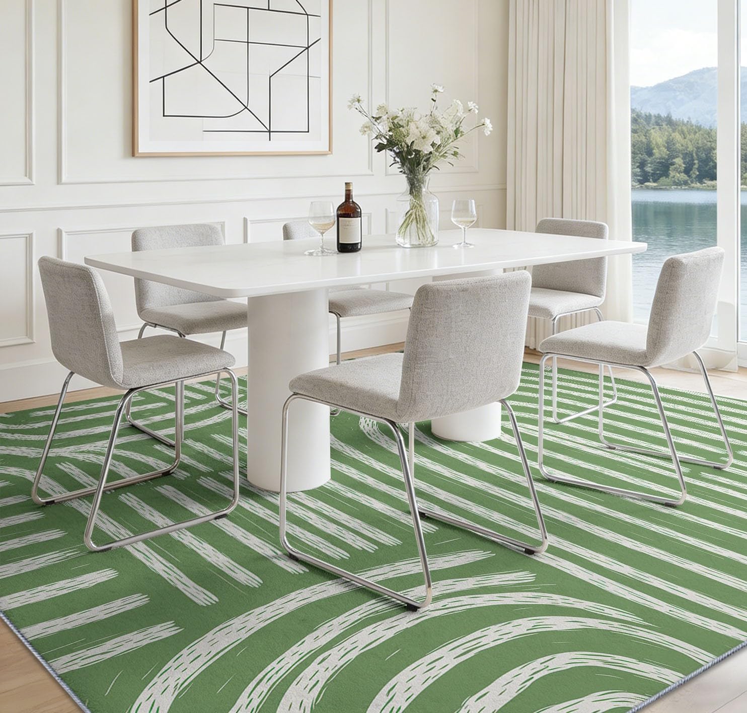 Abstrait Bohème Vert Sauge Tapis Lavable Machine Salon 80 x 150 cm, Tapis Poil Bas Doux Simple Géométrique Demi-Cercle Lignes, Chambre Cuisine Entrée Salle Détente Dortoir Décoration Maison