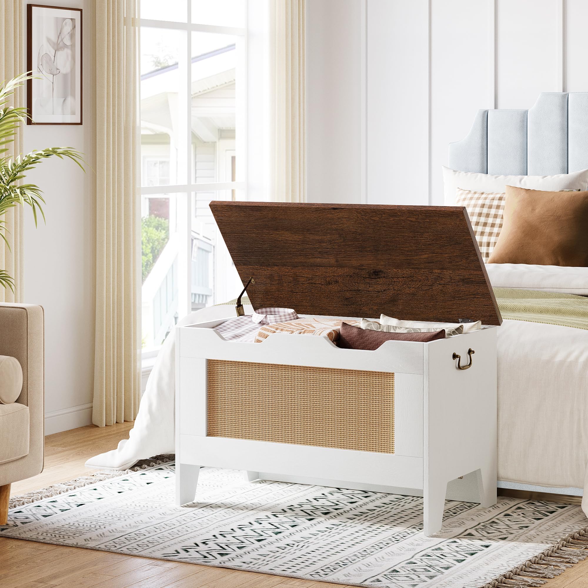 GarveeHome 30" Storage Chest, Toy Chest With Lids, Entryway Storage Bench with Safety Hinge, Wooden Storage Trunk, Supports 350 Lb, for Living Room, Bedroom, White+Brown Top