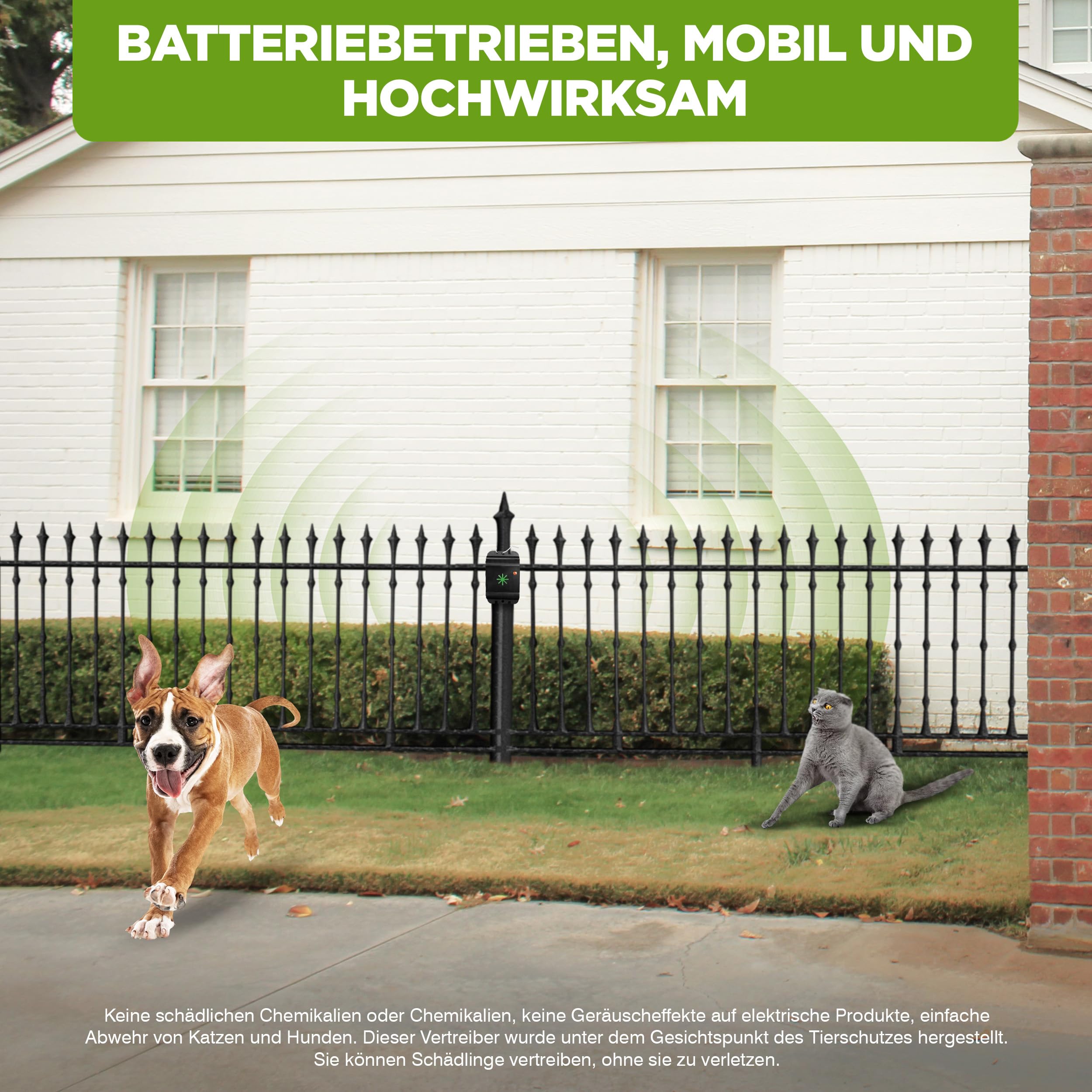 ISOTRONIC Ultraschall Tierabwehr zum Katzen & Hunde vertreiben – Katzenschreck für Scheune, Garten, Auto & Garage – batteriebetriebener Hundeschreck mit 40m² Wirkungsbereich (2 Stück)