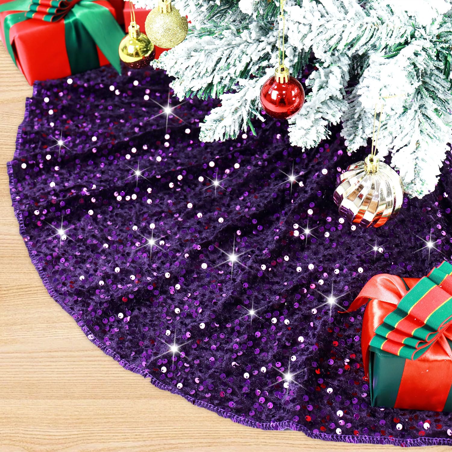 FUHSY Blue Velvet Sequin Christmas Tree Skirt - 21 Inch Small Shimmer Mat For Xmas Decor - View #9