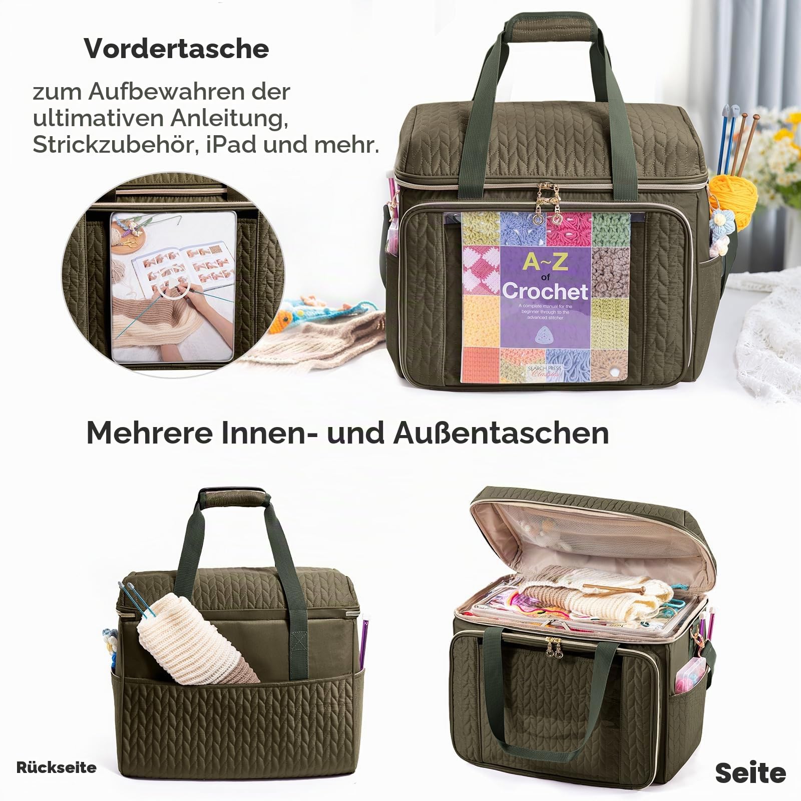 MYBAGZING Große Garn-Aufbewahrungstasche, Häkeltasche, Organizer, Garntaschen zum Häkeln, Aufbewahrungstasche mit Taschen für Häkelnadeln, Häkelzubehör, Stricktaschen, Geschenke für Häkeln