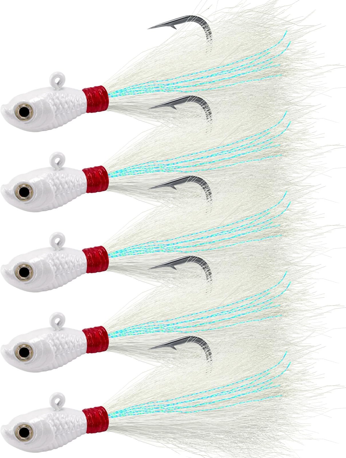 5-Pack Bucktail Jigs Hair Jigs Saltwater Freshwater Fishing Bucktail Lures Surf Fishing Jig Heads White Luminous Chartreuse Swimbait Jig for Bass Flounder Striper Bluefish Halibut Redfish