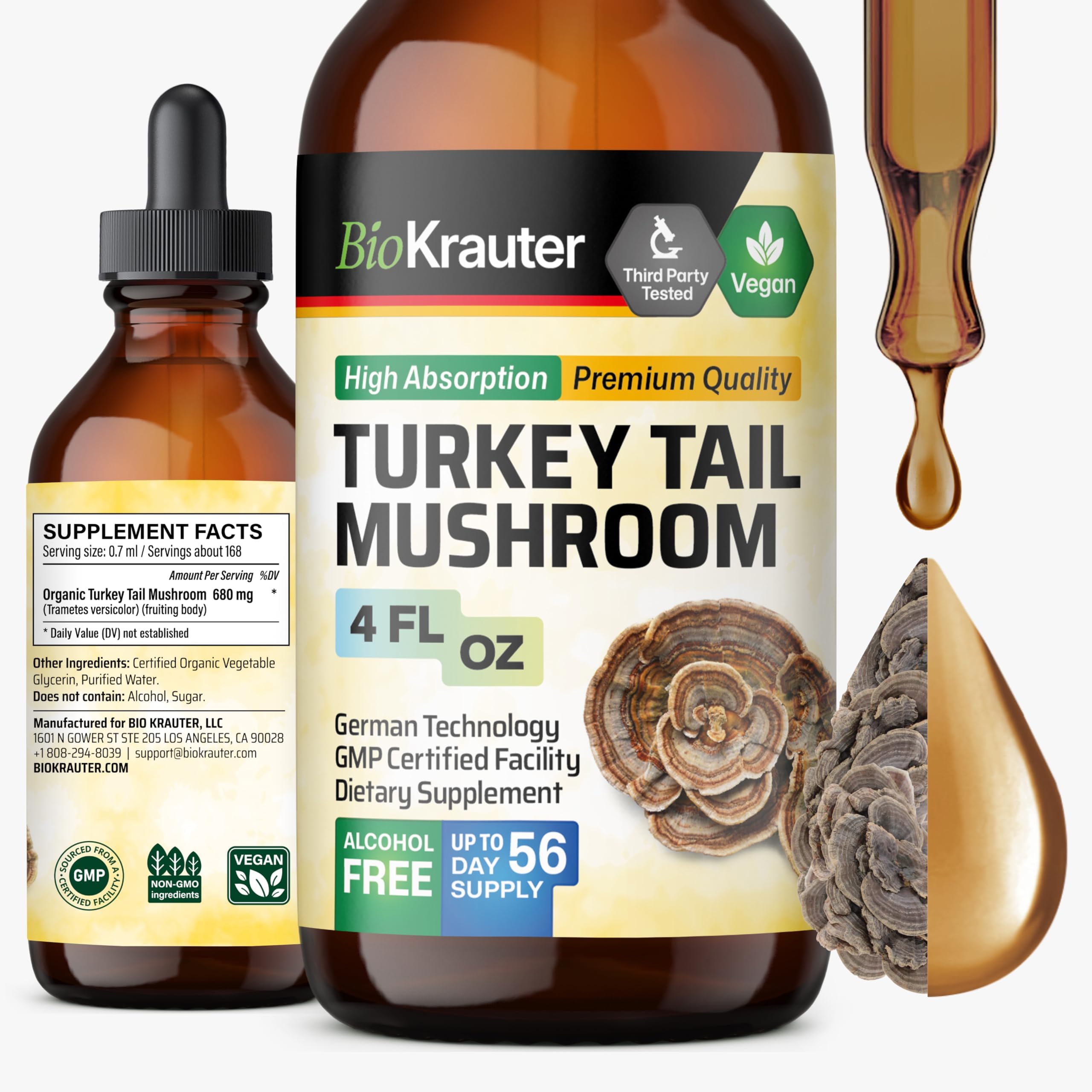 - BIO KRAUTER® Turkey Tail Mushroom for Immune Support - Vegan Mushroom Supplement Turkey Tail Extract 680 mg per Serving for Antioxidant & Daily Wellness, 4 Fl.Oz., 56-Day Supply, Alcohol & Sugar Free