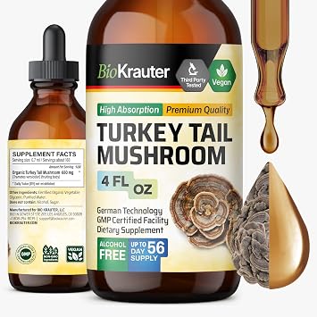 BIO KRAUTER Turkey Tail Mushroom for Immune Support - Vegan Mushroom Supplement Turkey Tail Extract 680 mg per Serving for Antioxidant & Daily Wellness, 4 Fl.Oz., 56-Day Supply, Alcohol & Sugar Free