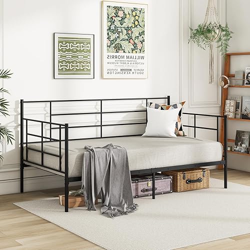 GOFLAME Marco de cama de metal tamaño individual, marco de cama individual con respaldo alto con listones de alta resistencia, cabecero, plataforma