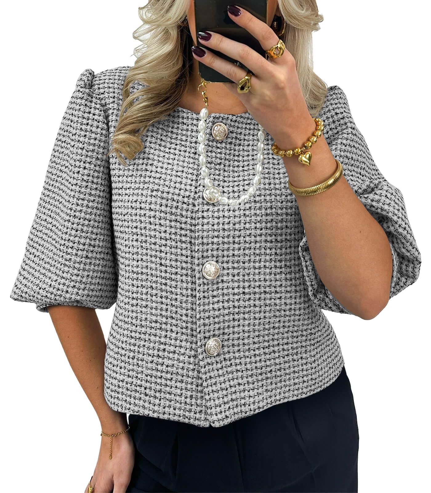 Photo 1 of ***Photo and description for reference purposes only***Cicy Bell Womens Cropped Tweed Blazers Puff Short Sleeve Crew Neck Button Business Casual Suit Jackets Black White