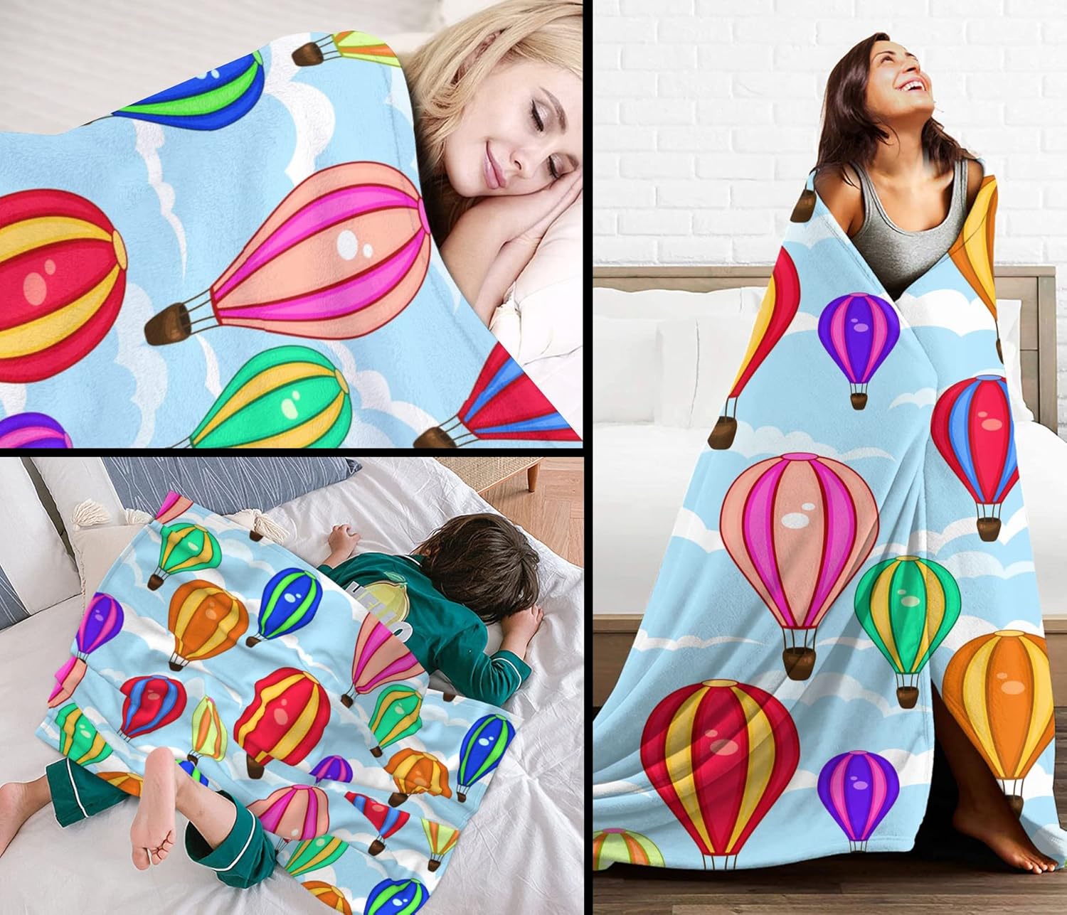 Cartoon Hot Air Balloon Kids Blanket 40x50 Inches - Plush Flannel Throw Blankets for Boys & Girls - Playful Cloud & Balloon Print - Lightweight Travel Blanket for Car Bed & Sofa - Image 3