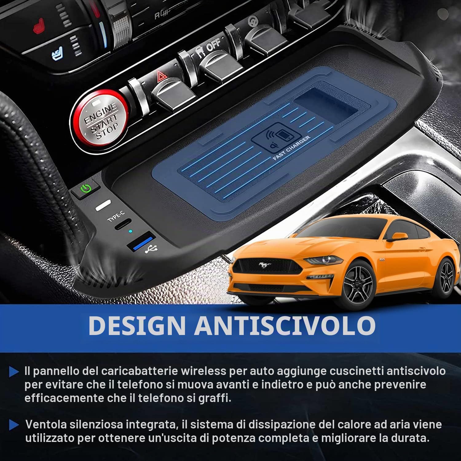 Caricatore Wireless Auto per Ford Mustang Coupe Convertible GT Shelby 2015-2023 Tutti i Modelli, 15W Qi Wireless Rapida Ricarica Telefono Pad con USB QC3.0 per iPhone 12/13 Samsung S22/S21