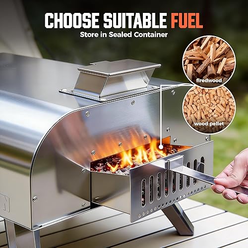 Miniatura 7 de BIG HORN OUTDOORS 16" Horno de piedra para pizza con leña, cocinador de pizza al aire libre de acero inoxidable 1112°F, portátil para uso en Plateado