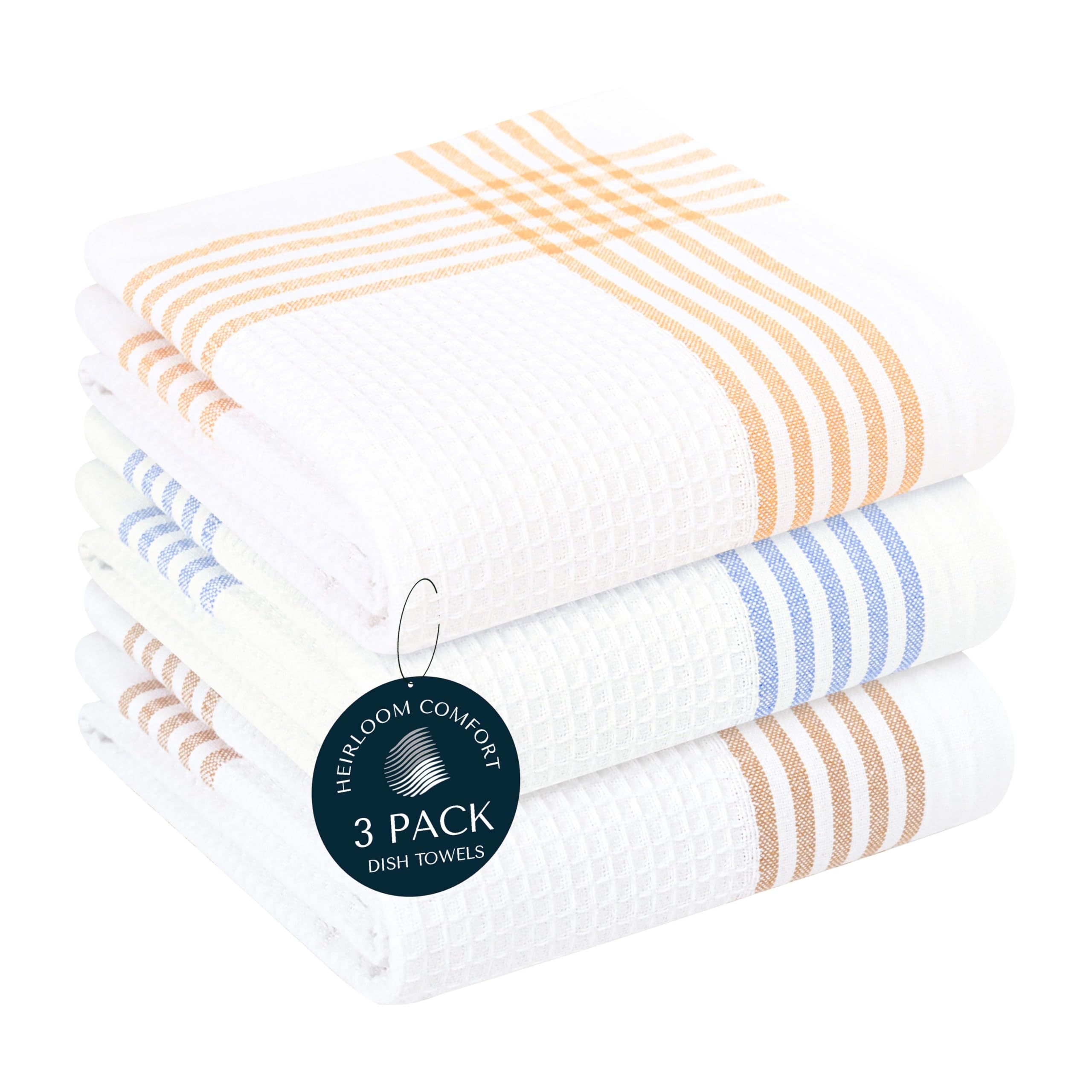 HEIRLOOM COMFORT Multi White Waffle Kitchen Towels 3 Pack, 100% Cotton, 40x66 cm, Ultra Absorbent, Fast Dry Dish Towels, Reusable Dishcloths for Drying, Cleaning, Mustard Yellow, Sky Blue, Brown