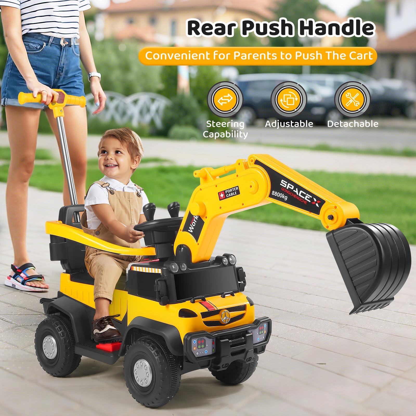 Trattore Elettrico con Asta Scorrevole, Escavatore per Bambini, 12 V, Auto Elettrica con Luce LED, Sistema Musicale, Protezione Completa a 360°, con Faro, per Bambini a partire da 3 Anni