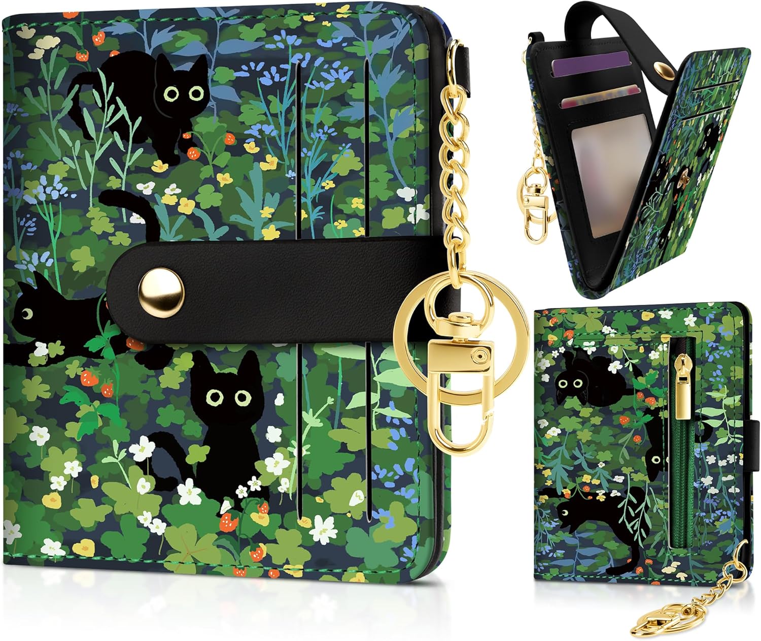 Sodsay Small Slim Wallet Women RFID Blocking, PU Leather Bifold Ladies Wallet with Zipper Coin Pocket, Thin Cute Travel Card Wallets for Girls, Black Cat Whisker