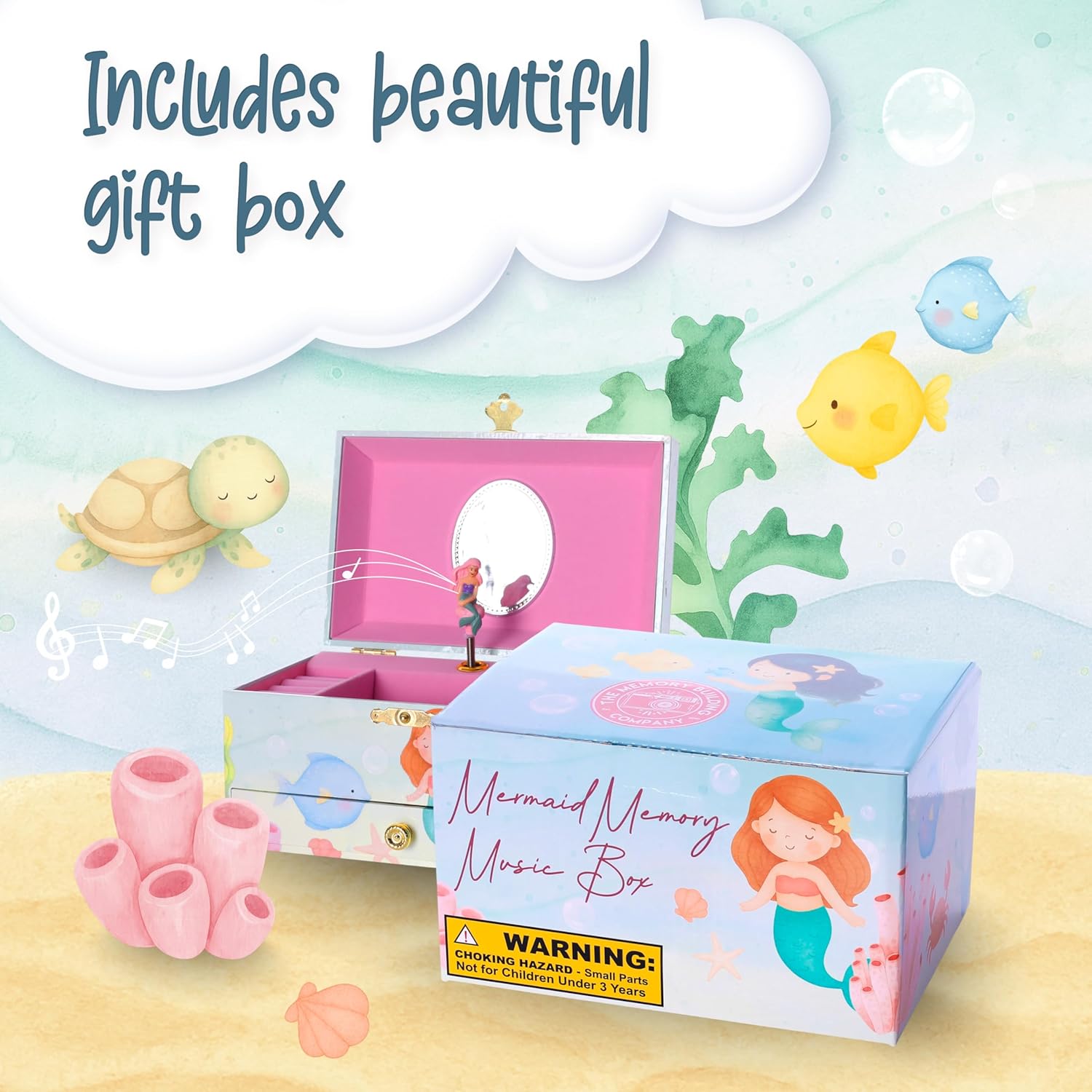The Memory Building Co Mermaid Musical Jewelry Box Plays Classic Melody, Storage Organizer Music Box for Kids Ages 6-12, MDF Wood w/ 2 Fabric Lined Ring Bracelet Necklace Treasure Compartments