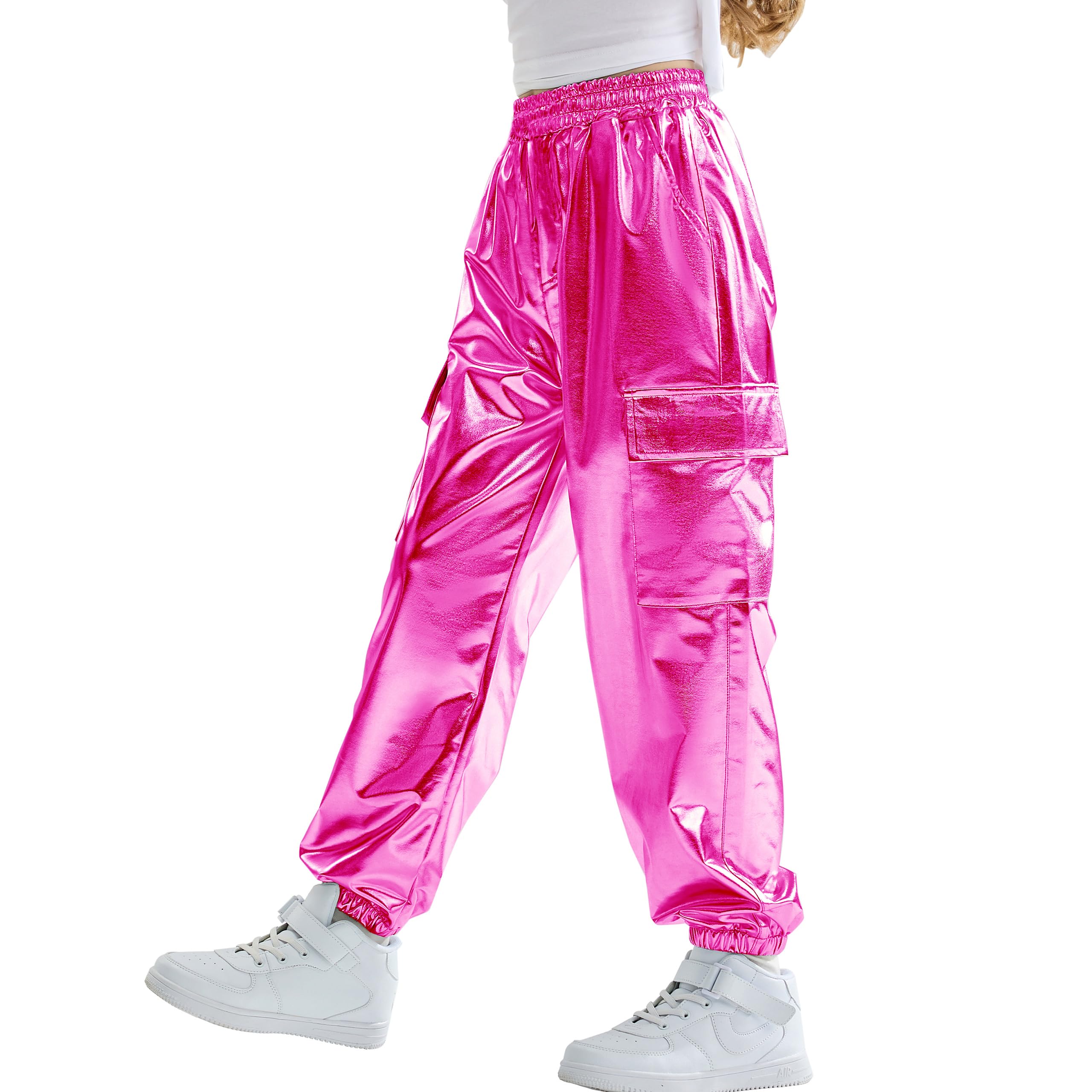 Rolanko Girls Metallic Cargo Pants, Shiny Jogger Pant for Dance 6-15 Years