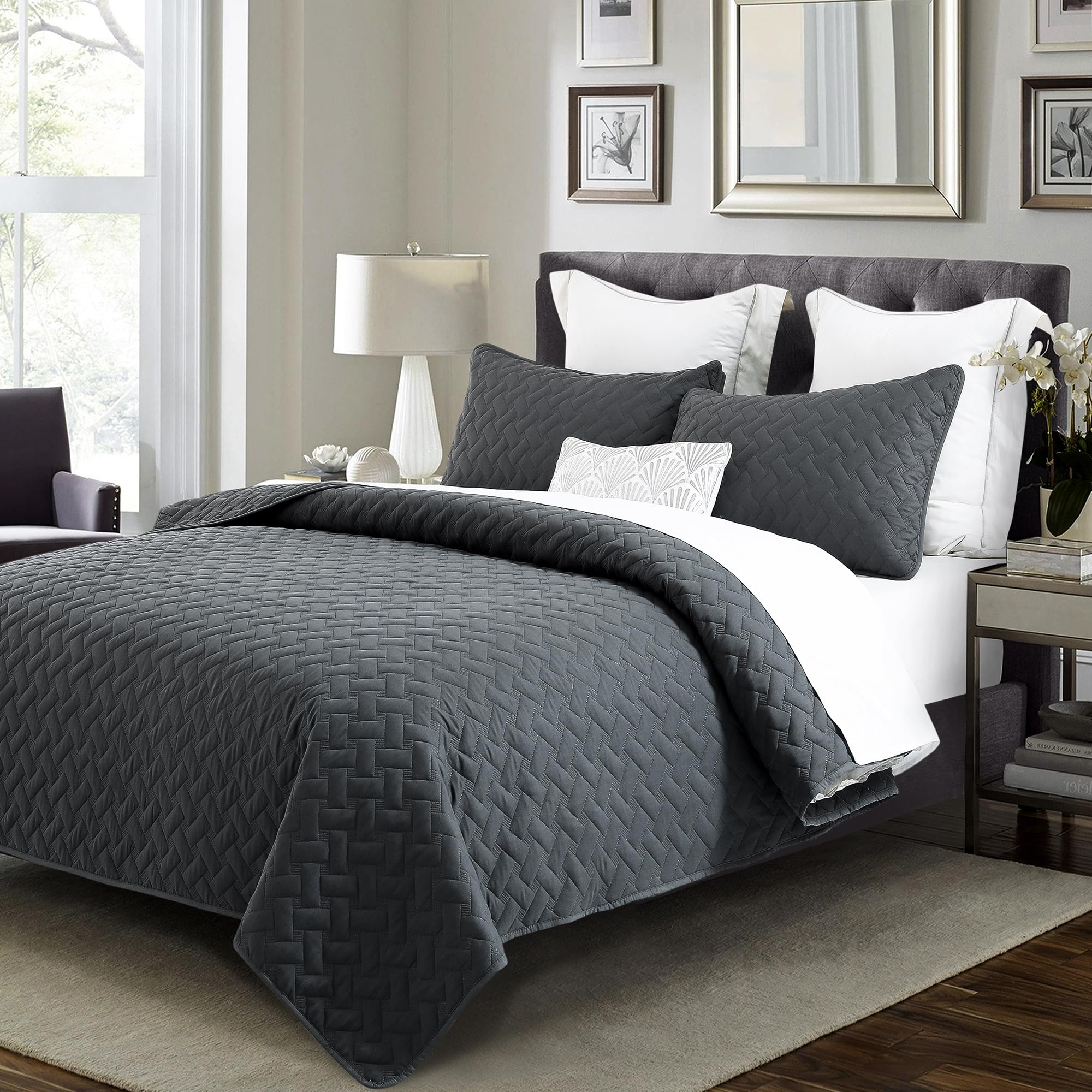 DURLENGEN Dark Grey Quilt Set California King Size 3Pcs, Modern Basket Weave Patter, Ultra Sofy Bedspread ＆ Coverlets, All Season Lightweight並行輸入