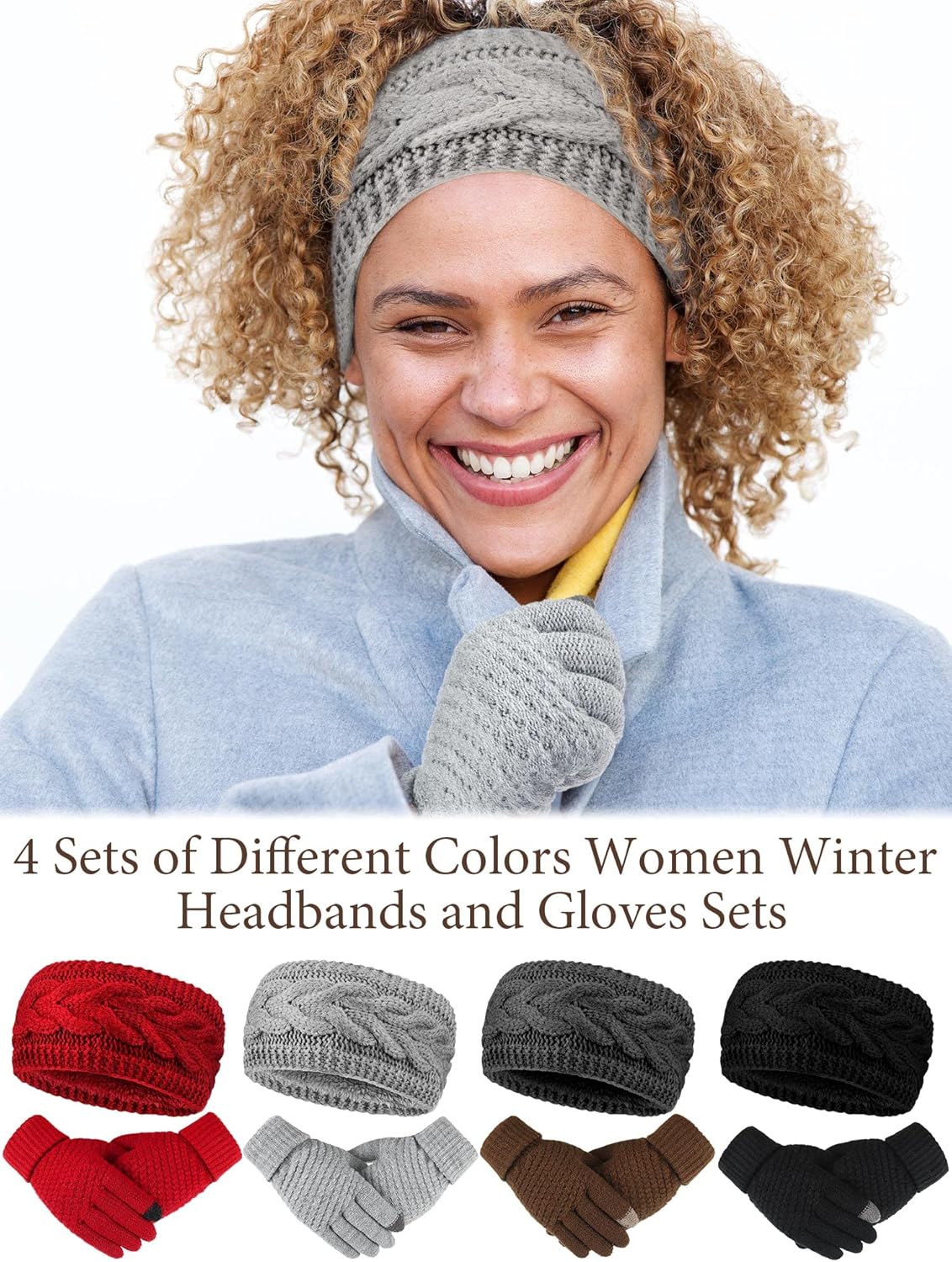 Janmercy 8 Pack Women Winter Headbands and Gloves Sets Fuzzy Fleece Lined Ear Warmer Touch Screen Elastic Knit Gloves Women - Image 7