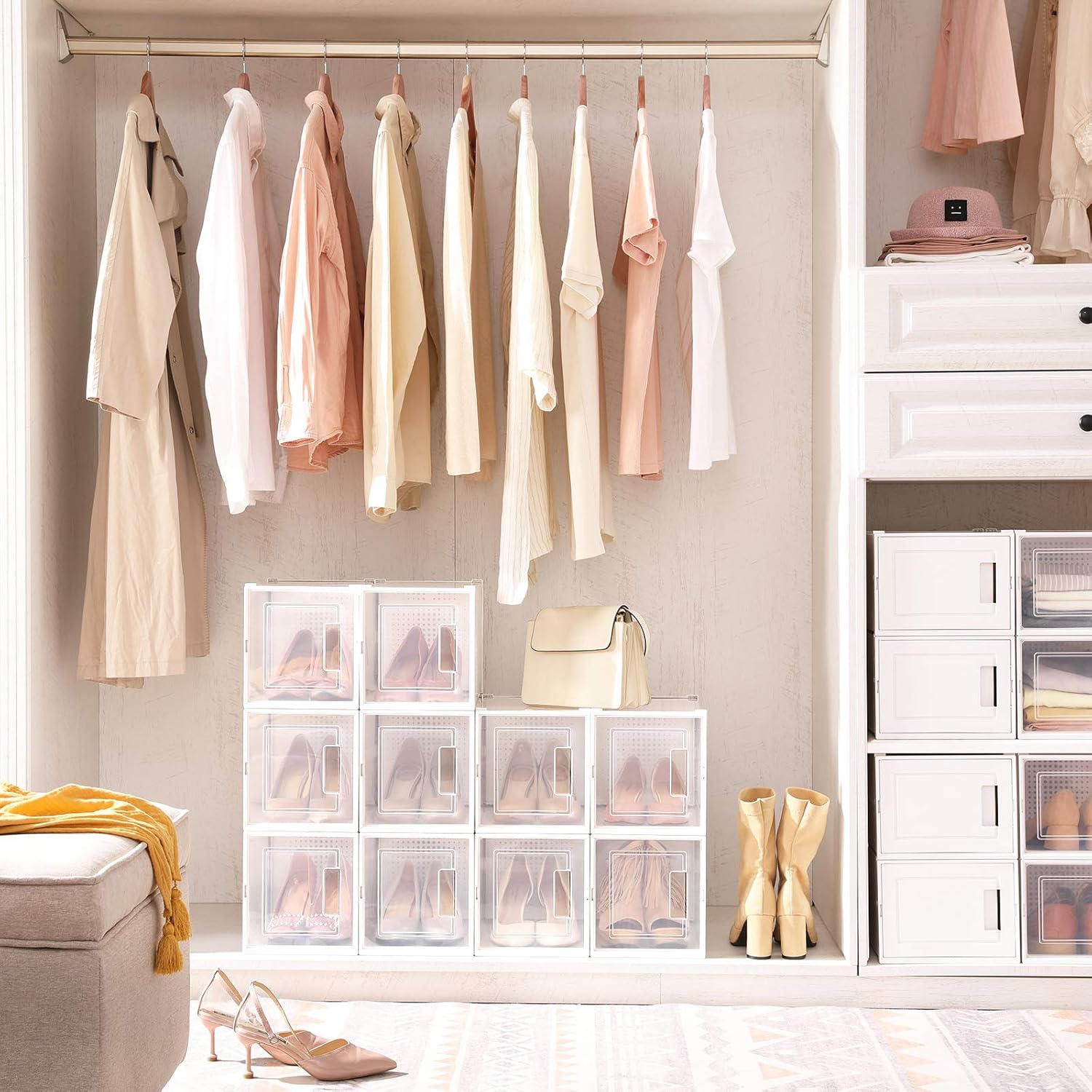 Best Review SONGMICS Plastic Shoe Boxes, Tall Shoe Storage Organizers for High Heels, Ankle Boots, High Tops, Pack of 10, Stackable and Foldable, Clear Front Door, Transparent ULSP001W01