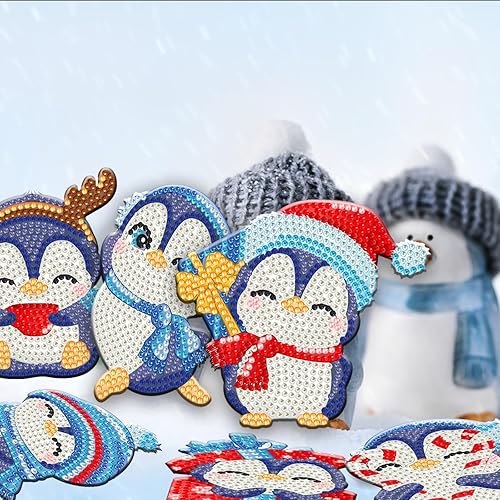 Miniatura 5 de Denylo pro Juego de 8 posavasos con diseño de pingüino de invierno con soporte para manualidades, diseño de pingüino de invierno, para adultos,