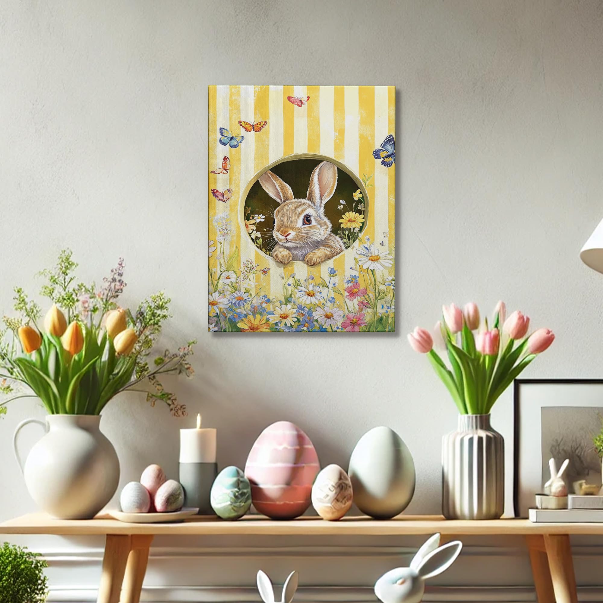 Tableau Toile Imprimé "Spring Has Sprung" - Lapin Et Motif écossais Jaune - Prêt à Accrocher - Neuf