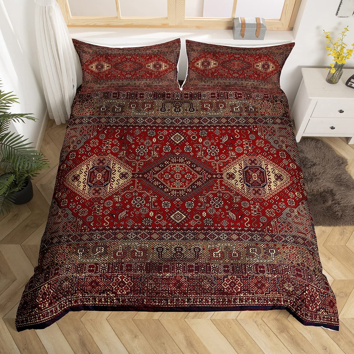 Homewish Boys Multi 15 Boho Tribal Duvet Cover Double Retro Exotic Bedding Set Vintage Lattice Bohemian Comforter Cover Dark Red Antique Grid Damask Inspired Medallion Egyptian 3Pcs Quilt Cover