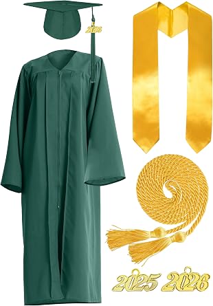 Matte Graduation Cap and Gown 2026+2025 Tassel Set with Honor Cord Graduation Stoles for High School College Bachelor