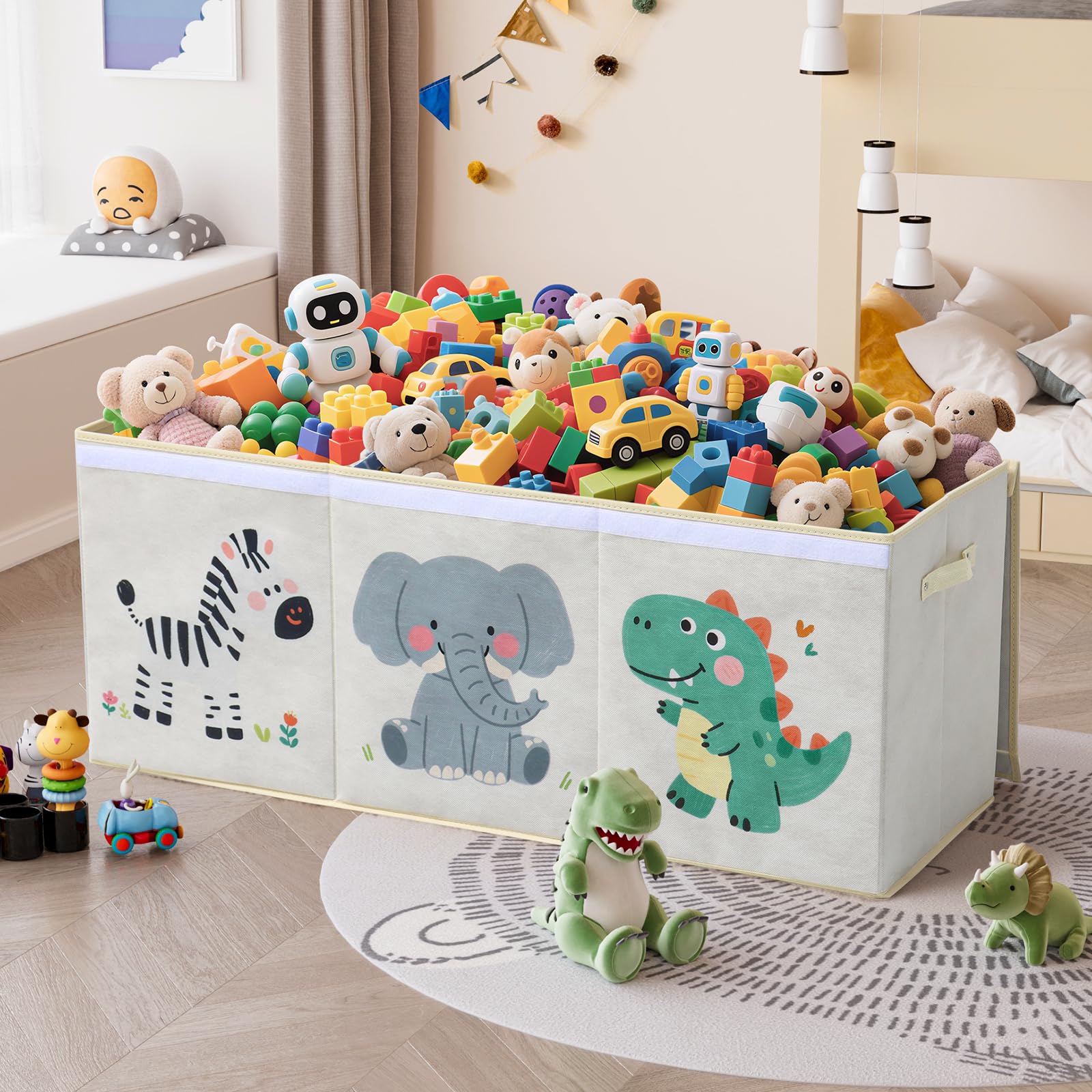 ELUCHANG Scatole Portaoggetti per Bambini，Contenitore Porta Giochi con Coperchio，147 L Porta Giochi Bambini Contenitori Pieghevole per Giocattoli, Vestiti, Guardaroba, Libri, Beige