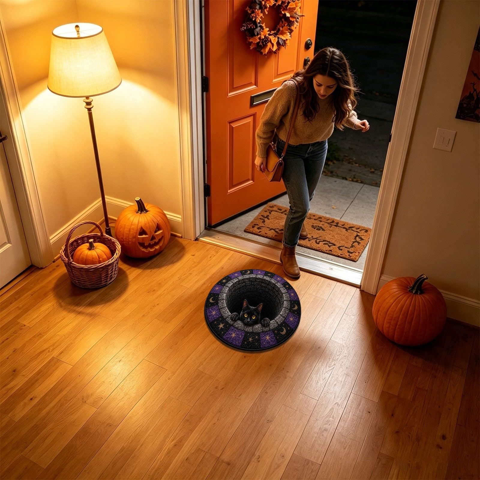 Halloween Teppich 3D Optische Täuschung Rund, Deko Zimmer Fußmatte