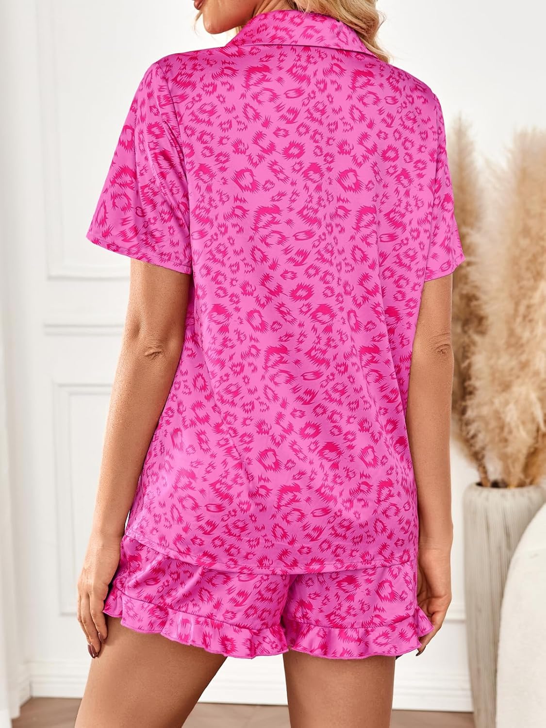 LILLUSORY Womens Satin Silk Pajamas Set 2 Piece Ruffle Pjs Winter Matching Lounge Sleepwear Button Down Striped Shirt Shorts - Image 4