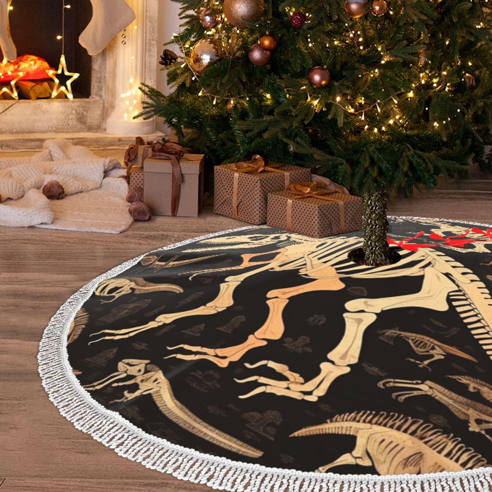 Jupe de sapin de Noël dinosaure 121cm tapis arbre à pompons