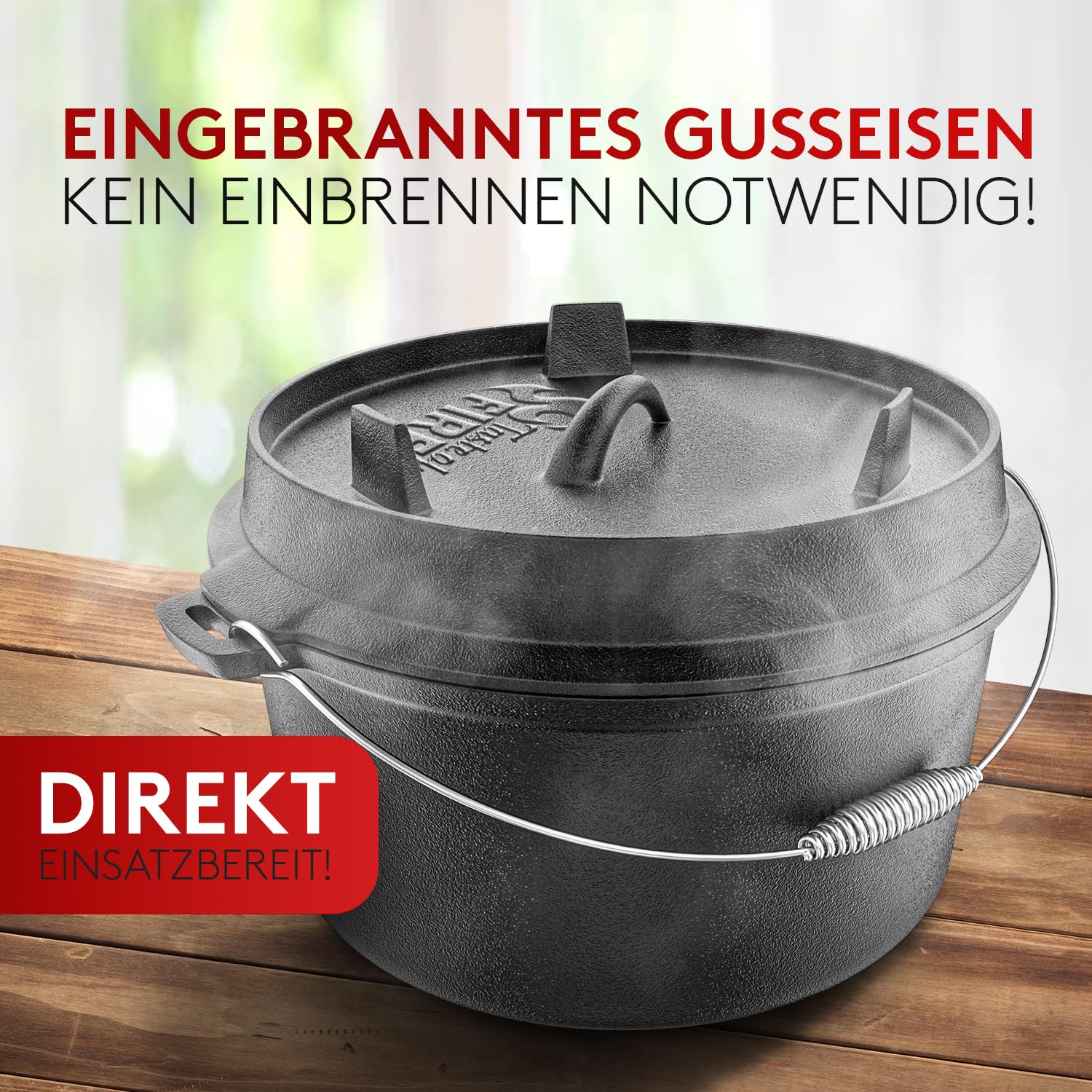 BBQ Dutch Oven [Das Original] - 7,4 Liter Dutch Oven Set mit Topfständer & 1,8 Liter Deckel mit Doppelfunktion zusätzlich als Grillpfanne nutzbar – inkl. Deckelheber und E-Book