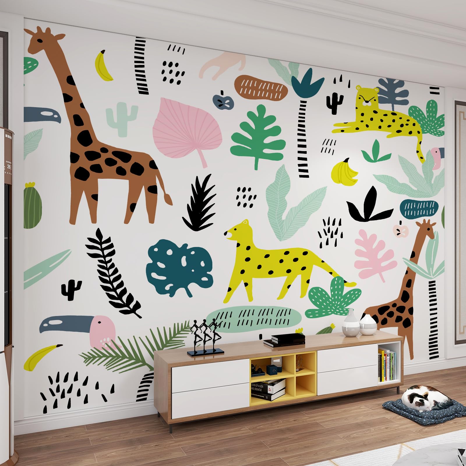 Papier peint jungle 3D aux couleurs résistantes et motifs animaux de la savane