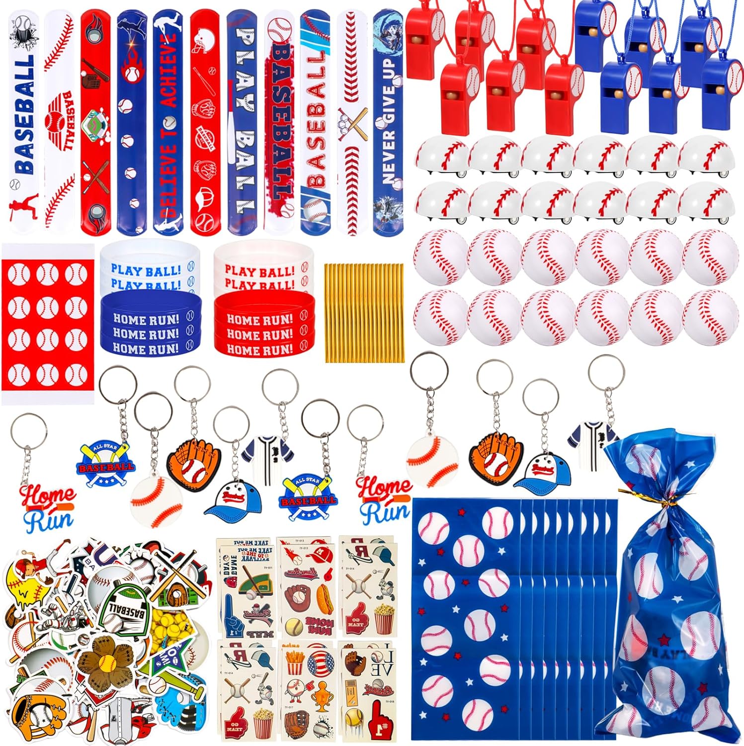 146 Pcs Baseball Party Favors, Baseball Goodie Bag Stuffers with Mini Stress Balls, Baseball Keychains, Tattoos, Bulk Small Toy for Kids Baseball Themed Birthday Party Supplies, Classroom Reward