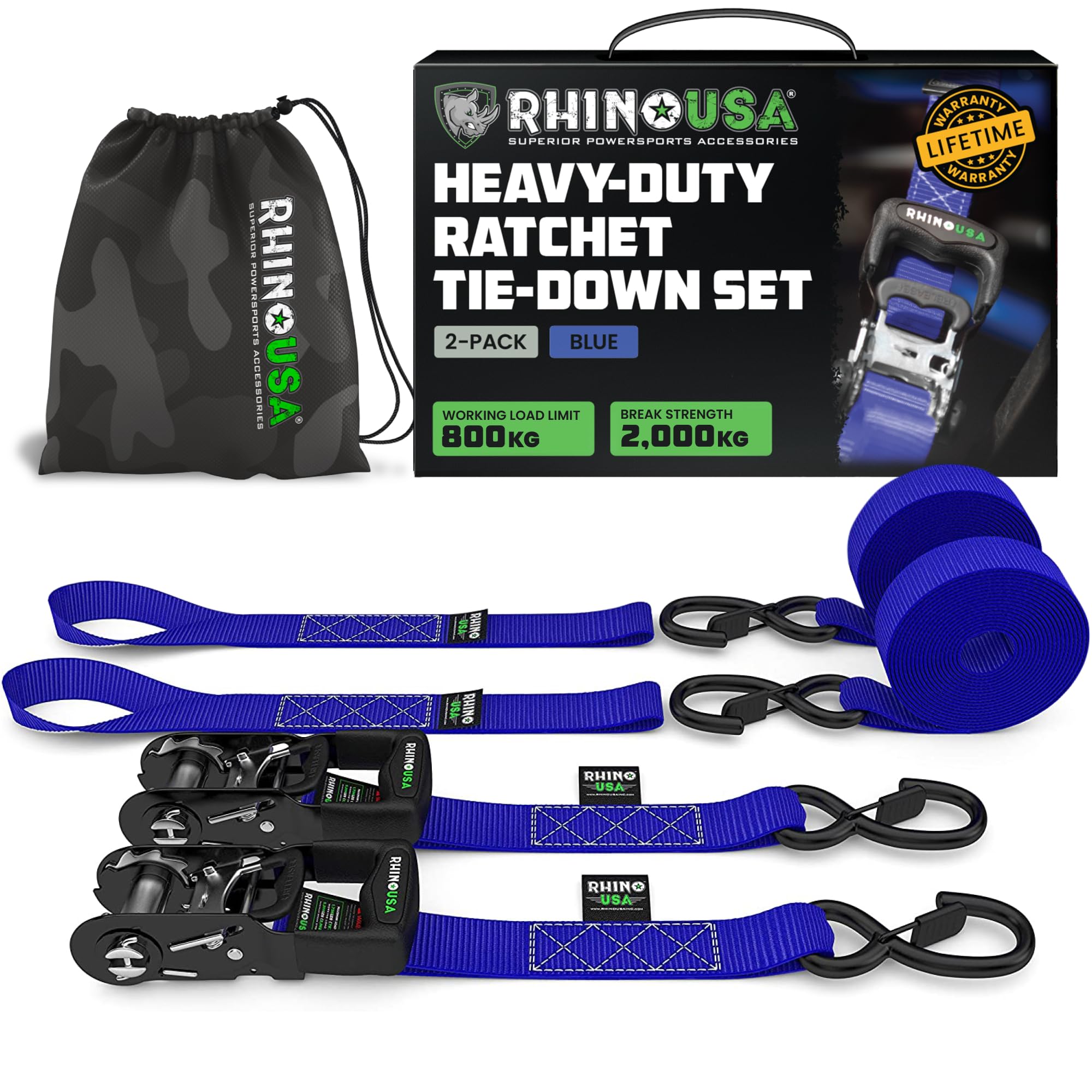 Rhino USA Kit Correas de Amarre Servicio Pesado (Paqeute de 2) 4cmx2,​4m (2000kg de Resistencia a la Rotura) - Cinchas Fijación Últimas con Ganchos de Seguridad para Camionetas, ATV, UTV, Motos - Azul