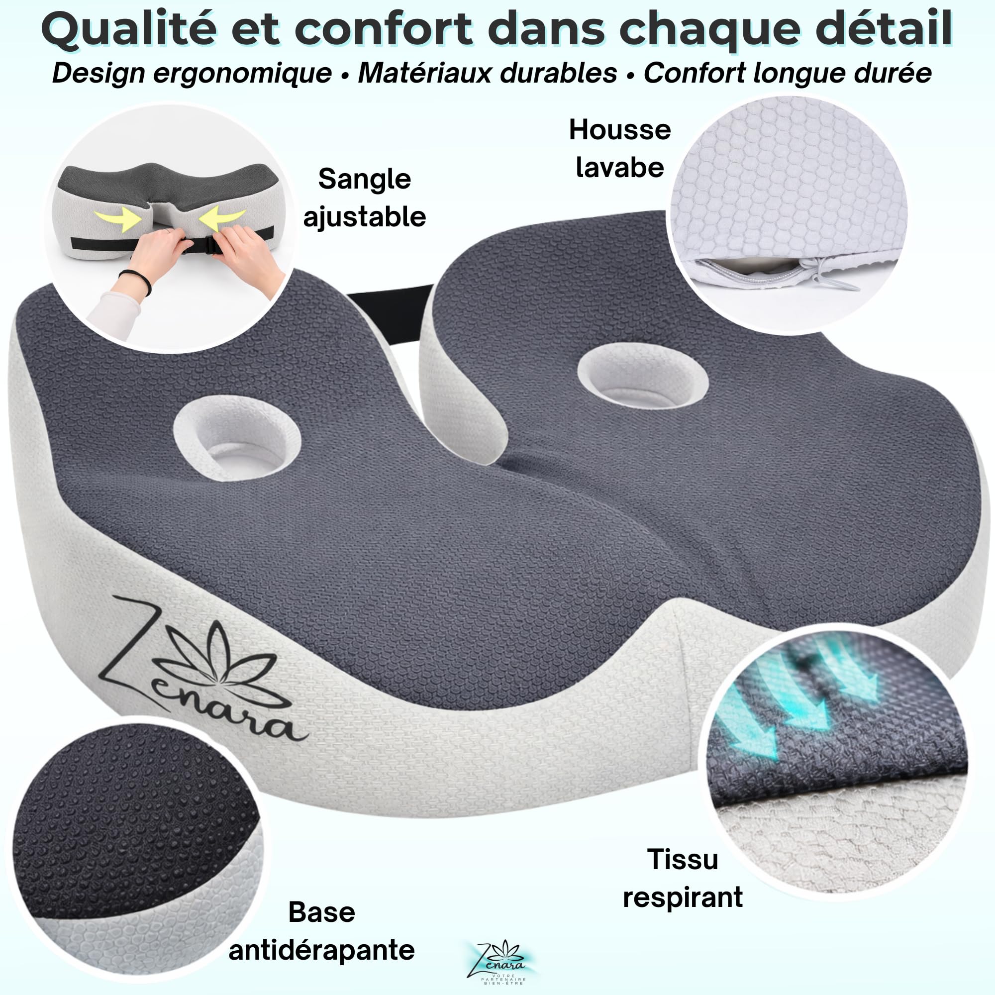 Zenara Coussin Coccyx Chaise Bureau Ergonomique – Coussin Orthopédique Assise en Mousse à Mémoire de Forme – Coussin Siège Voiture et Bureau pour Améliorer la Posture et Réduire la Pression Coccyx