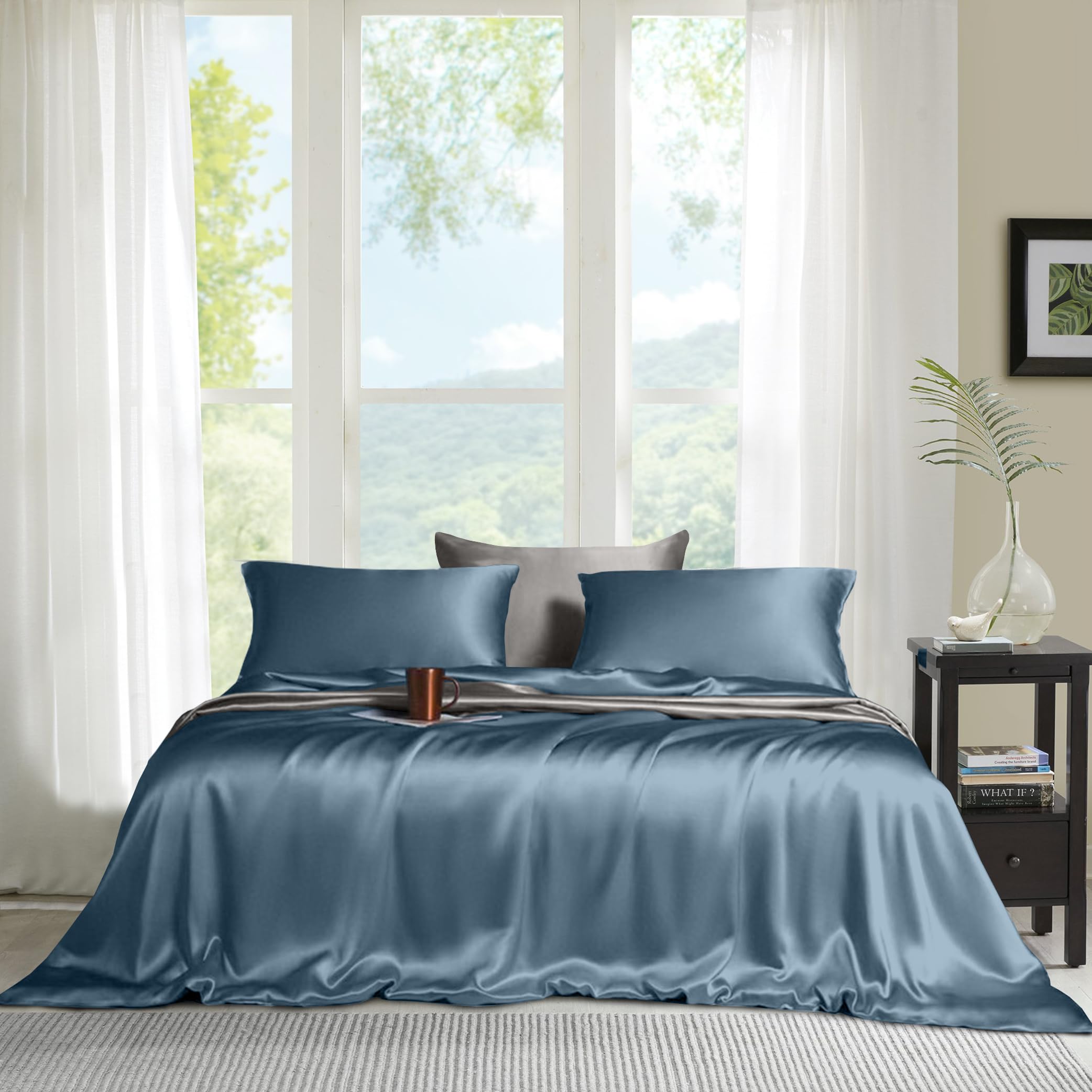 Organic Eucalyptus 4PC Sheet Set Tencel Lyocell, Natural, Softest, 400 Thread Count Smooth Like Silk Sheet (Queen, Bahamas Blue)-image-37