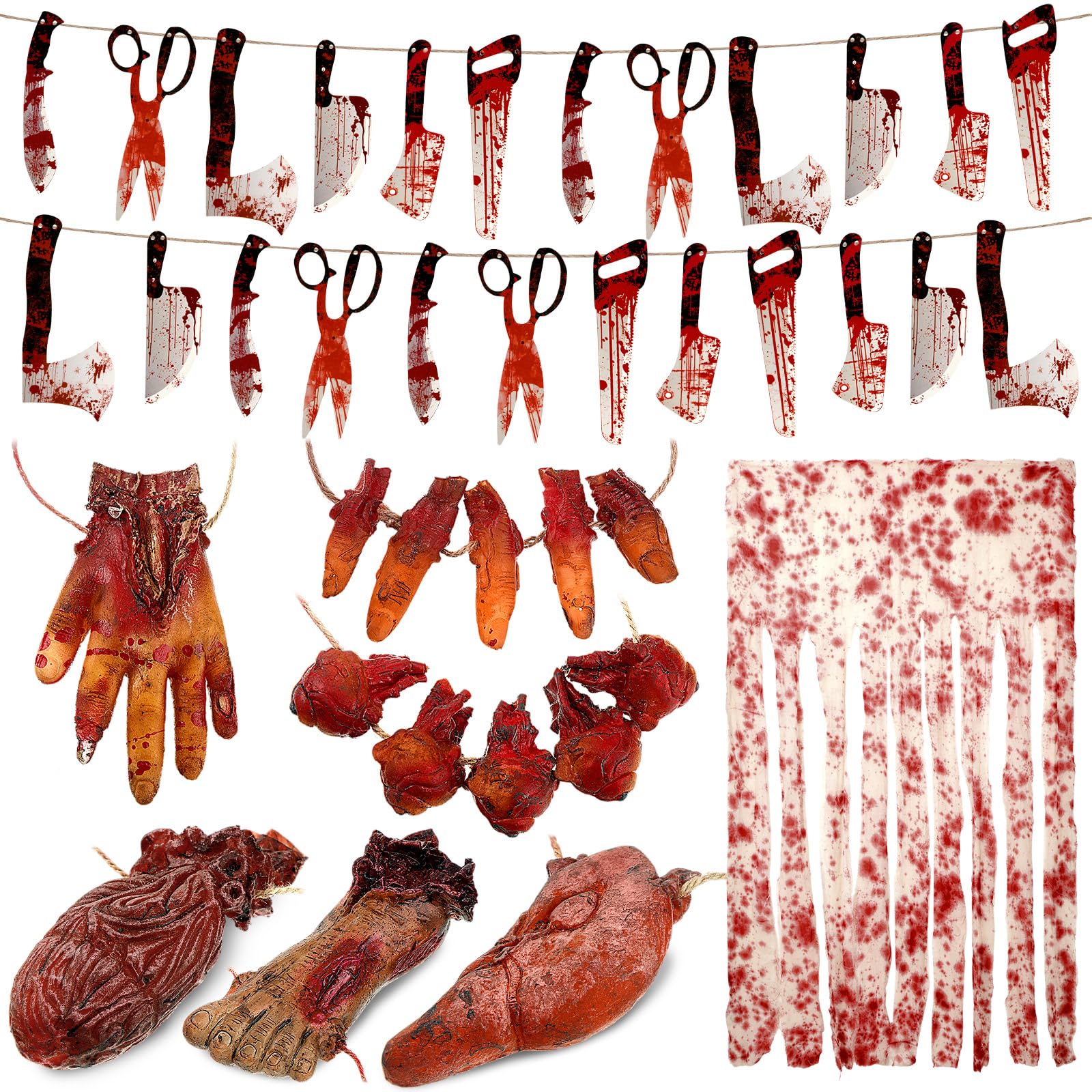 Jenaai 9 Pcs Halloween Bloody Decorations Scary Props Blood Banner Broken Body Parts Horror Creepy Curtain Scary Halloween Decorations for Haunted House Vampire Scream Party Supplies(Weapons)