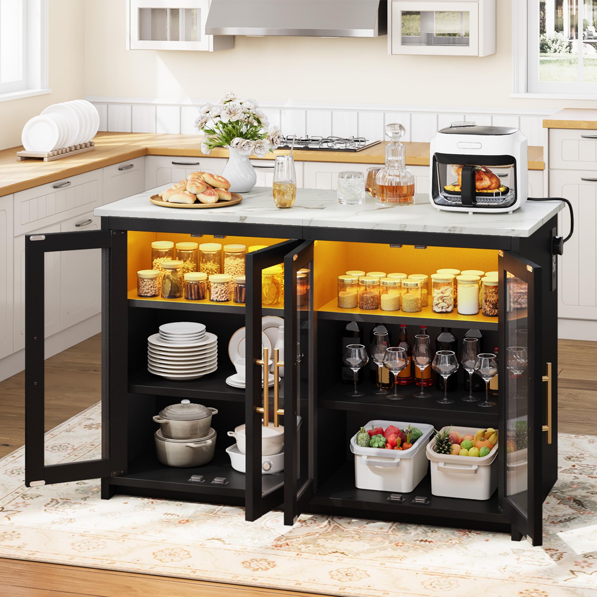 YITAHOME kücheninsel mit arbeitsplatte, Steckdose und LED-Beleuchtung, Frühstückstisch mit Sitzgelegenheit, Doppelschrank mit Acryl-Fronten, dreistufiger Verstellbarer Schrank, Marmoroptik