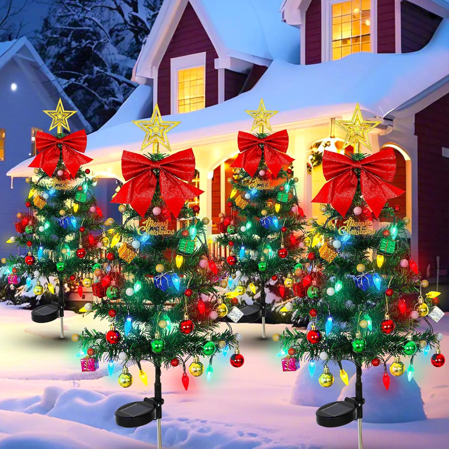 LOMOHOO 4 Packs Solar Christmas Tree 35.8in Outdoor Prelit Lighted Christmas Tree 2 Flashing Modes Solar Xmas Trees with 80 LED Lights for Holiday Porch Yard Garden Patio Cemetery Pathway LOMOHOO 4 Packs Solar Christmas Tree 35.8in Outdoor Prelit Lighted Christmas Tree 2 Flashing Modes Solar Xmas Trees with 80 LED Lights for Holiday Porch Yard Garden Patio Cemetery Pathway