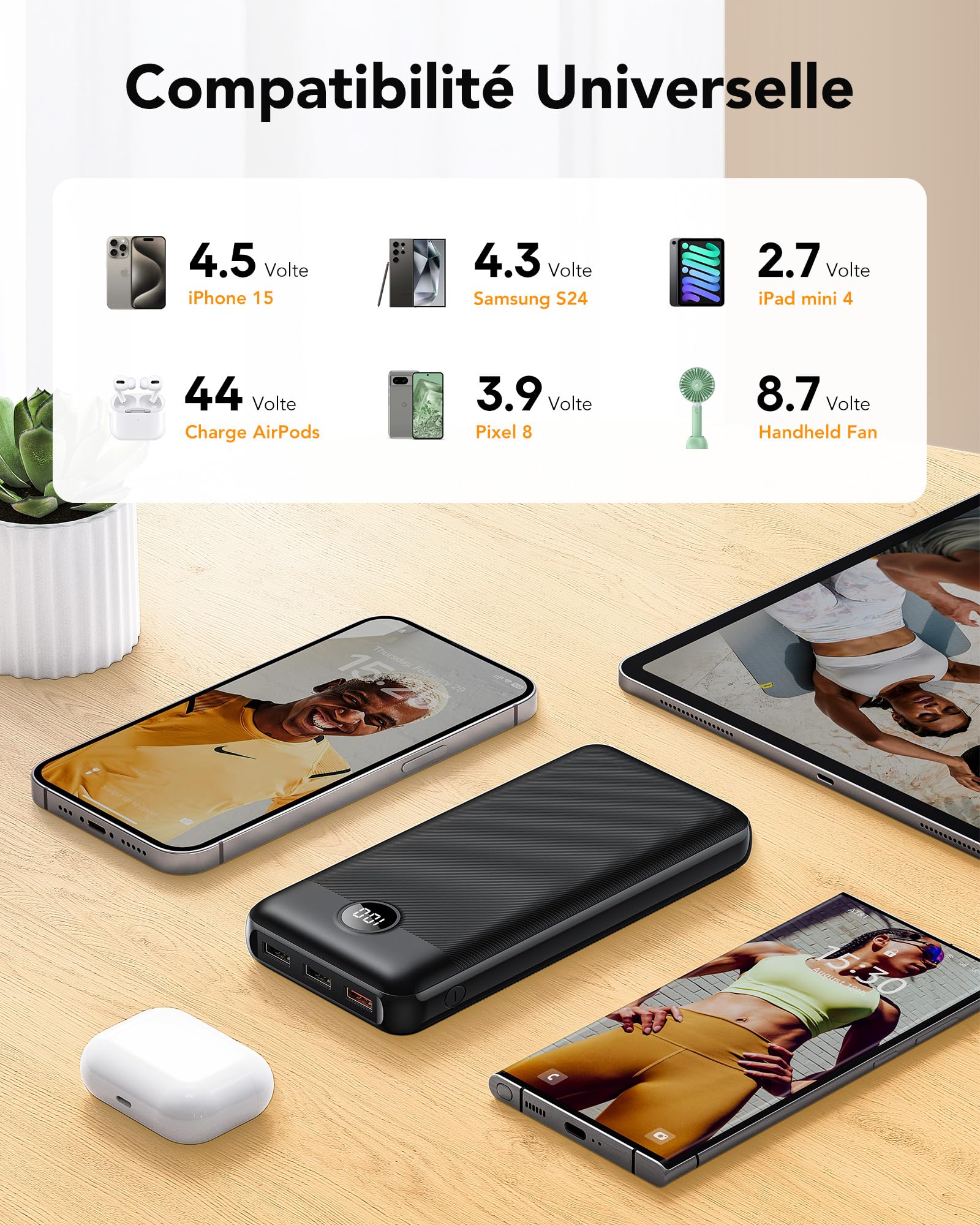VEGER Power Bank 27000mAh, PD 20W QC 3.0 Ricarica Rapida Caricatore Portatile, 4 Uscite e 2 Ingressi con LED Display Digitale Batteria Esterna Compatibile con iPhone/Samsung/Huawei/iPad