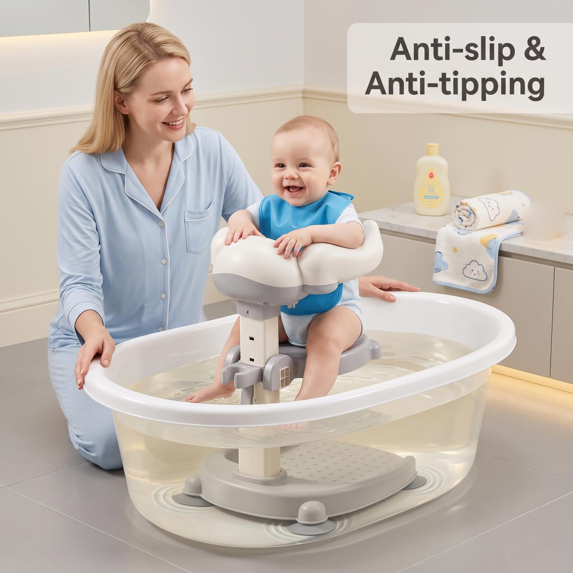 Doccia in piedi per bambini, supporto per bagnetto regolabile con base antiscivolo e sedile rimovibile, grigio