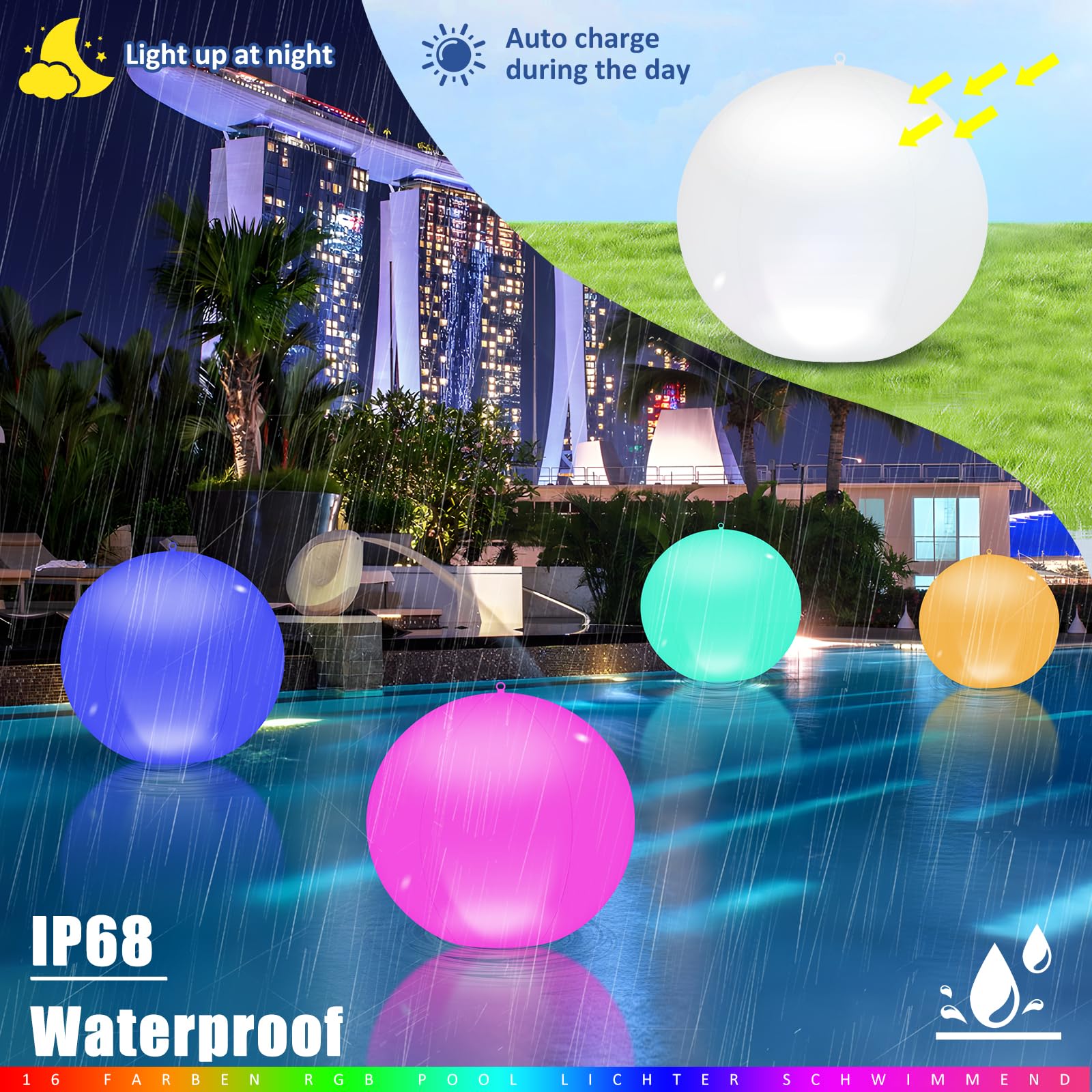 Solari Luci Galleggianti Piscina, 4Pz Solare Lampada Galleggianti Piscina con Telecomando,13.4In 16 RGB Solare Lampada Palle Luminose da Giardino Solari, IP68 Palle Luminose per Piscina Esterno